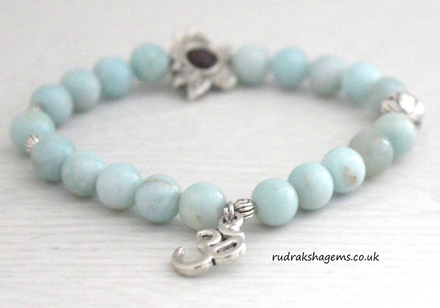 Stunning Amazonite Bracelet, 8mm Grade-A Semi-Precious Gemstone, Unisex Stretch Fit OM LOTUS Charm Heart Chakra Healing elegant Bracelet