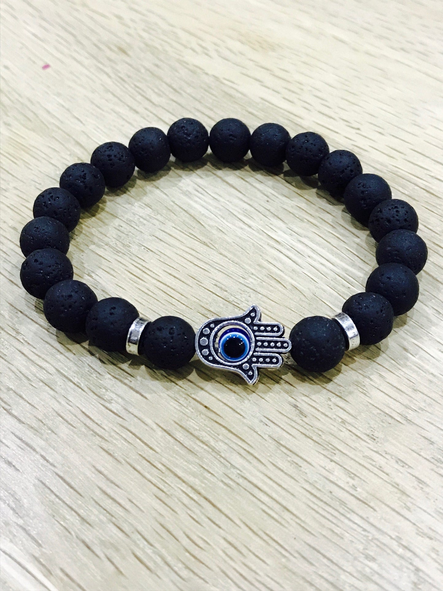 Buddha Black Lava Beads Bracelet elasticated Yoga Natural Gemstone Meditation Hand of Fatima evil eye Protection