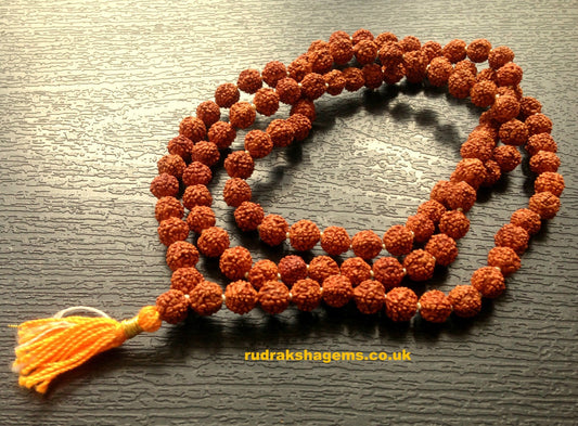 10MM Rudraksha Mala Yoga Meditation Hindu Prayer Beads 108+1 Rudraksha Beads Mala with Yellow Tassel - Rudraksh Mala - Boho Rosary Authentic
