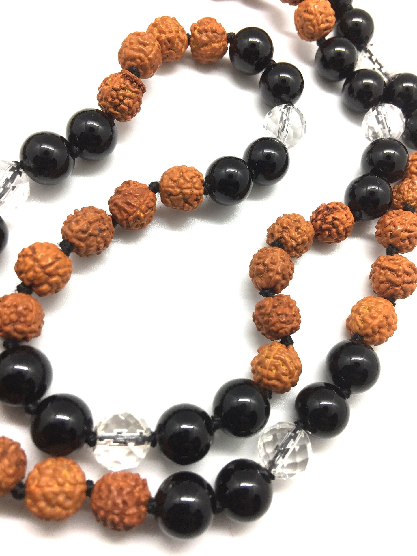 108 Rudraksha Mala Beaded Necklace, Mala Bead Necklace +Crystal Black Onyx Gemstones, Tibetan Buddhist Prayer Beads, Healing Meditation Yoga