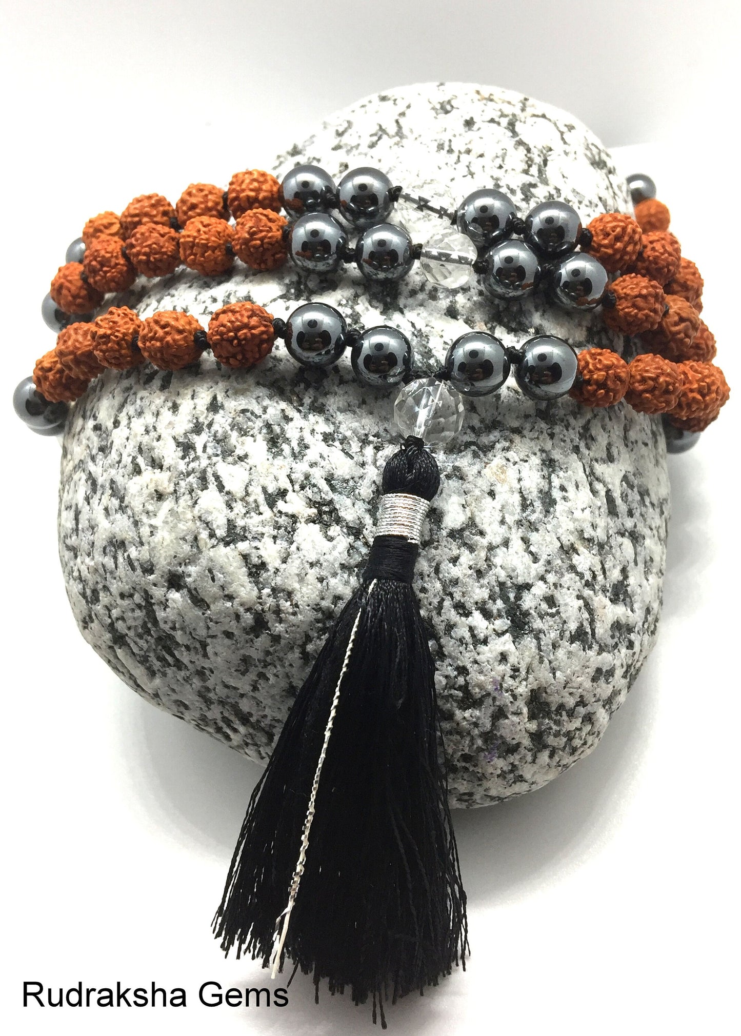 HEMATITE & Rudraksha beaded Necklace, Crystal Guru Bead, Black Tassel mala, mens ladies mala beads, Hematite Mala, Rudraksha Mala, Yoga