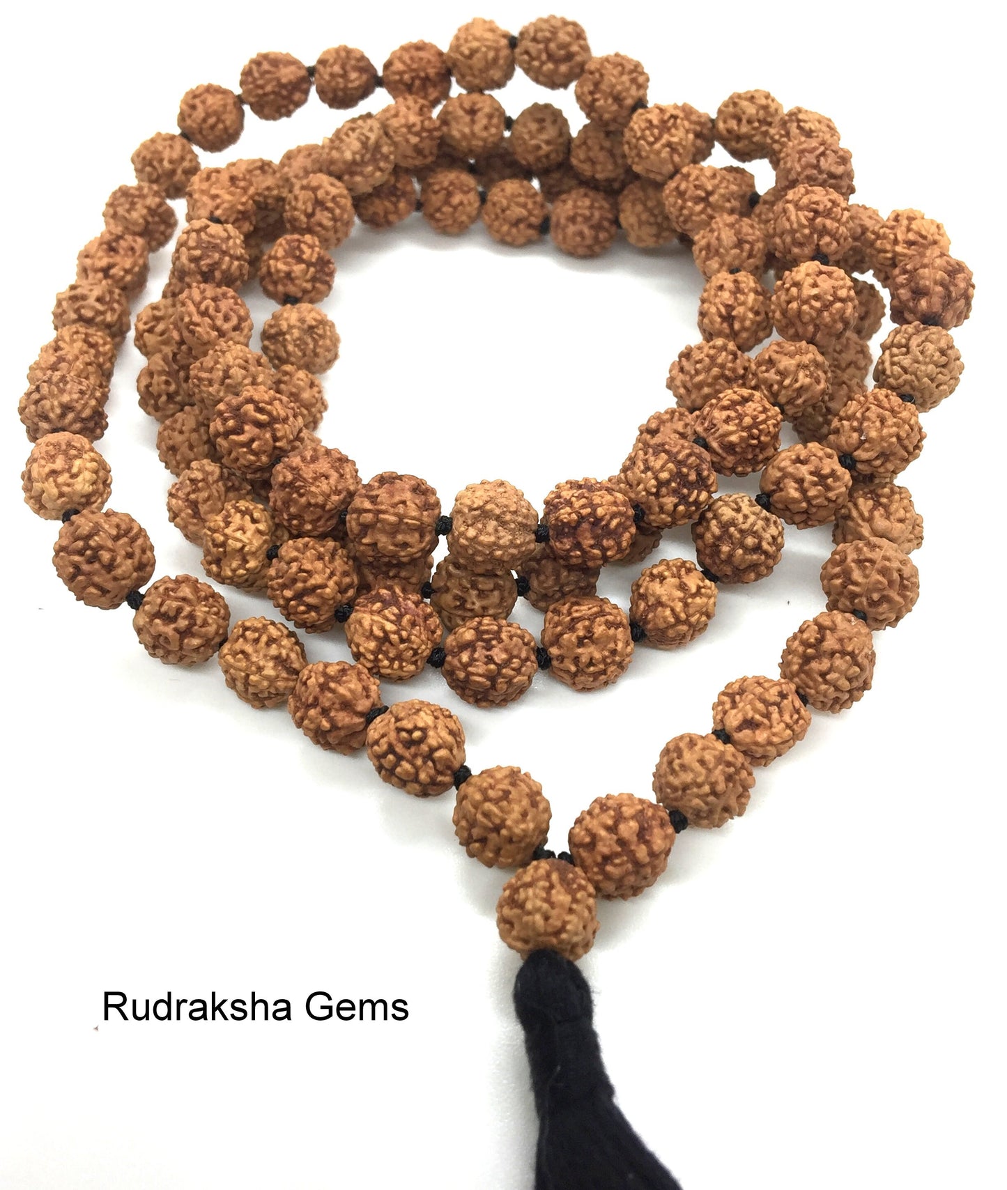 Lord Shiva Rudraksha Japa Mala 108 beads traditional style hand knotted mala purified & blessed - Long Black Tassel / Knots - Tassel Mala