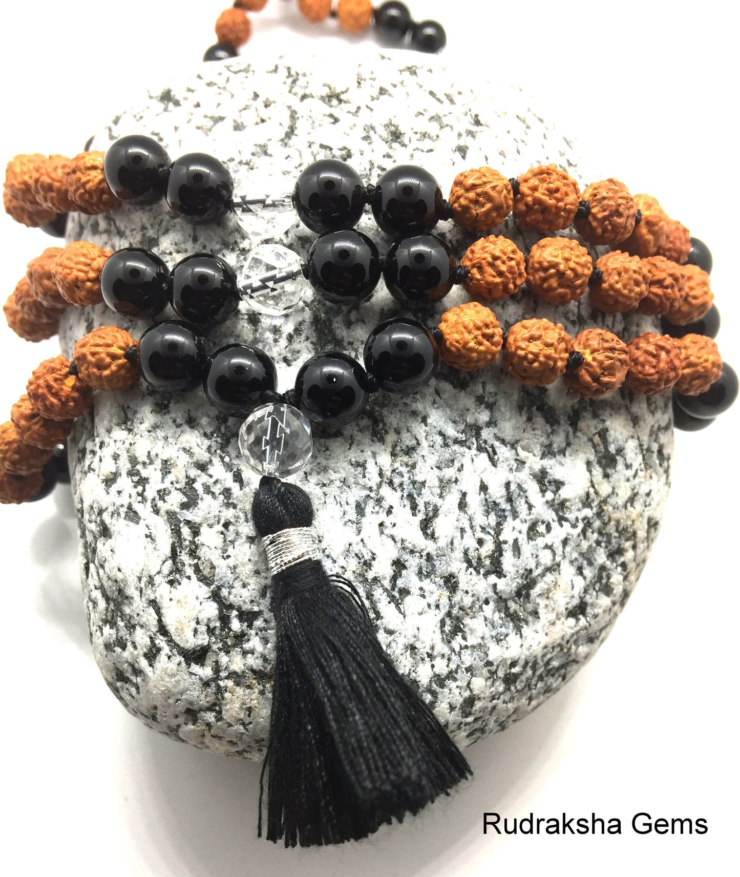 108 Rudraksha Mala Beaded Necklace, Mala Bead Necklace +Crystal Black Onyx Gemstones, Tibetan Buddhist Prayer Beads, Healing Meditation Yoga