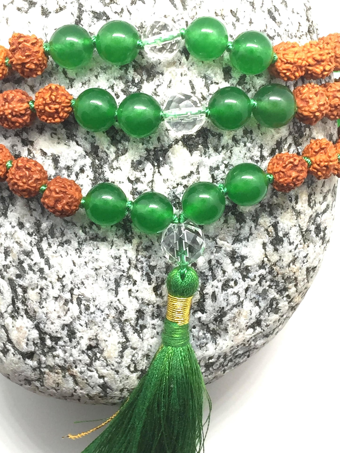 Natural Green Jade & Rudraksha Mala, Gemstone Mala, Tassel Necklace, Jade Mala, Prayer Beads, Mala Beads, Knotted Mala, Hand knotted Mala
