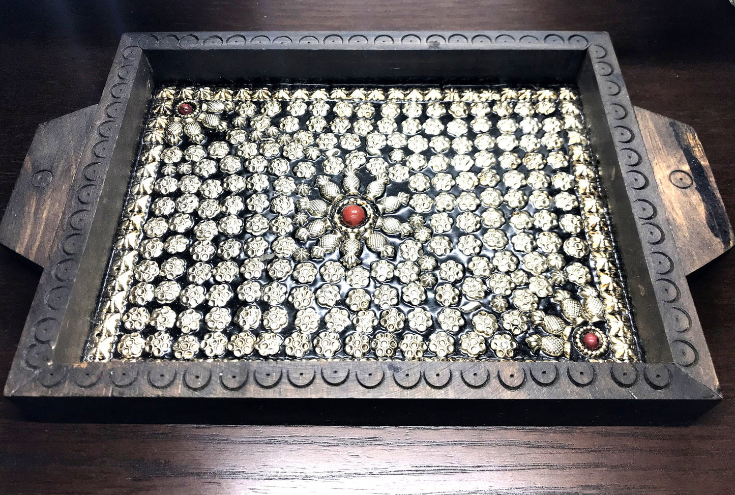 Handmade wooden Tray, Breakfast Tray, Vintage Retro Style Hand made Metal Embossed Wooden Display Tray Serving Storage Tray, Trinket Tray