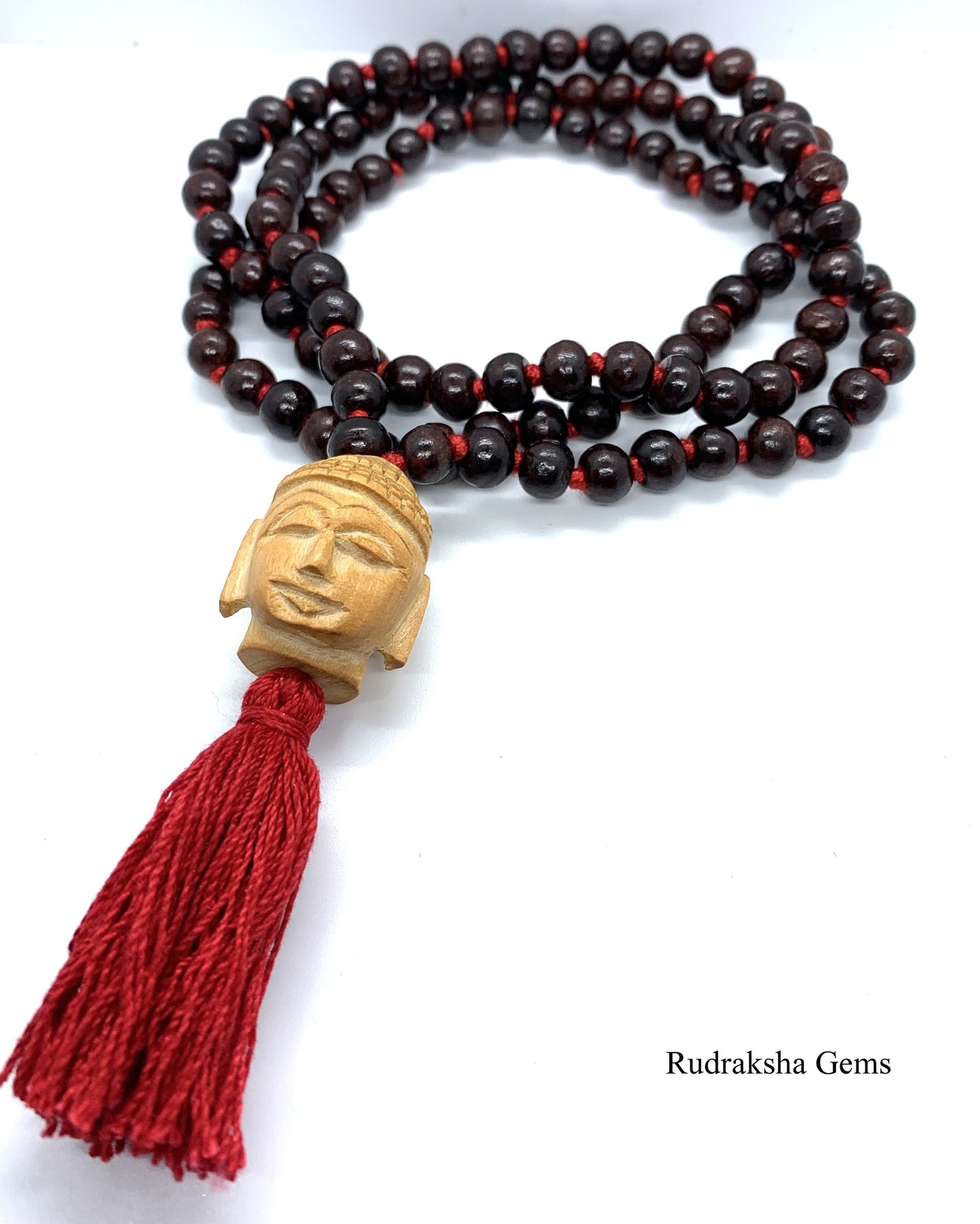 Buddha Classic 108 Knotted Meditation Mala | 8mm Indian Rosewood with Red / Cotton String Tassel | Elegant Natural Design | Yoga Necklace