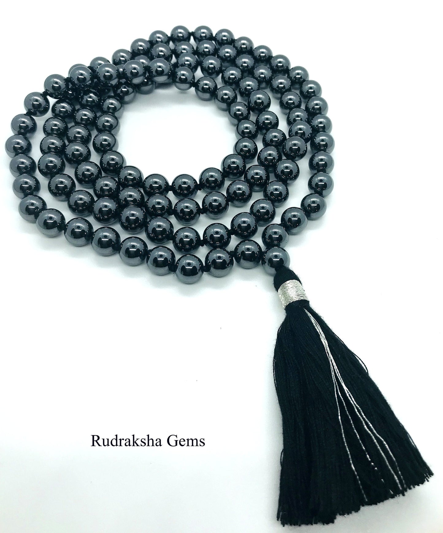 Hematite Japa Mala 108 + 1 Beads For Courage Confidence, Reiki, Hematite mala, tassel mala, knotted mala with tassel