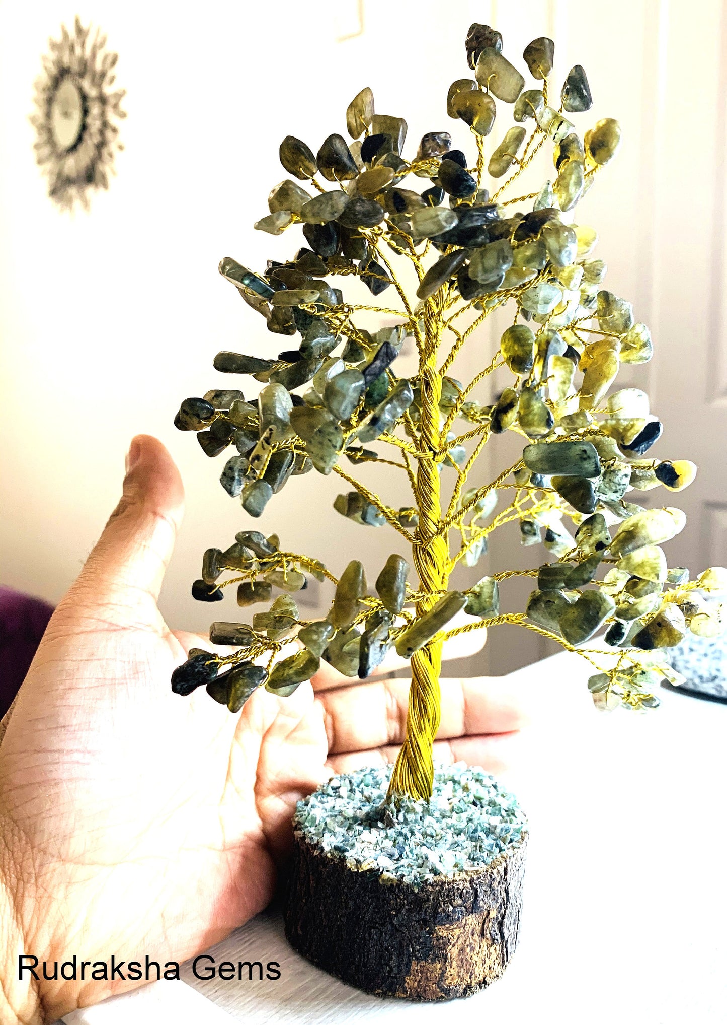 Wire wrapped Handmade Labradorite Crystal Gemstones Tree Reiki Energy Healing Rare, Labradorite crystal chips wire wrapped on wooden base