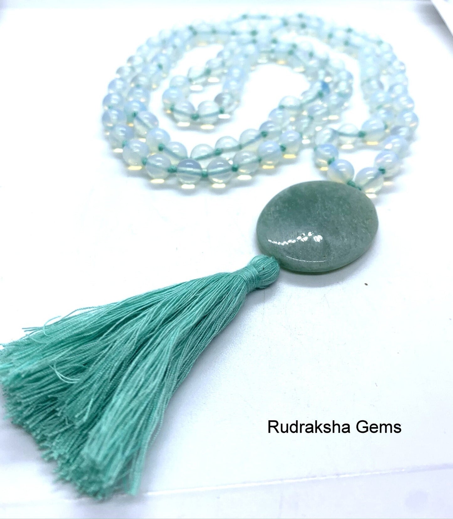 Opalite Opal Hand Knotted 108 mala beads, Green Aventurine Guru bead,Opal Personal Power, Self-Esteem, Makes changes easier, Merchant stone