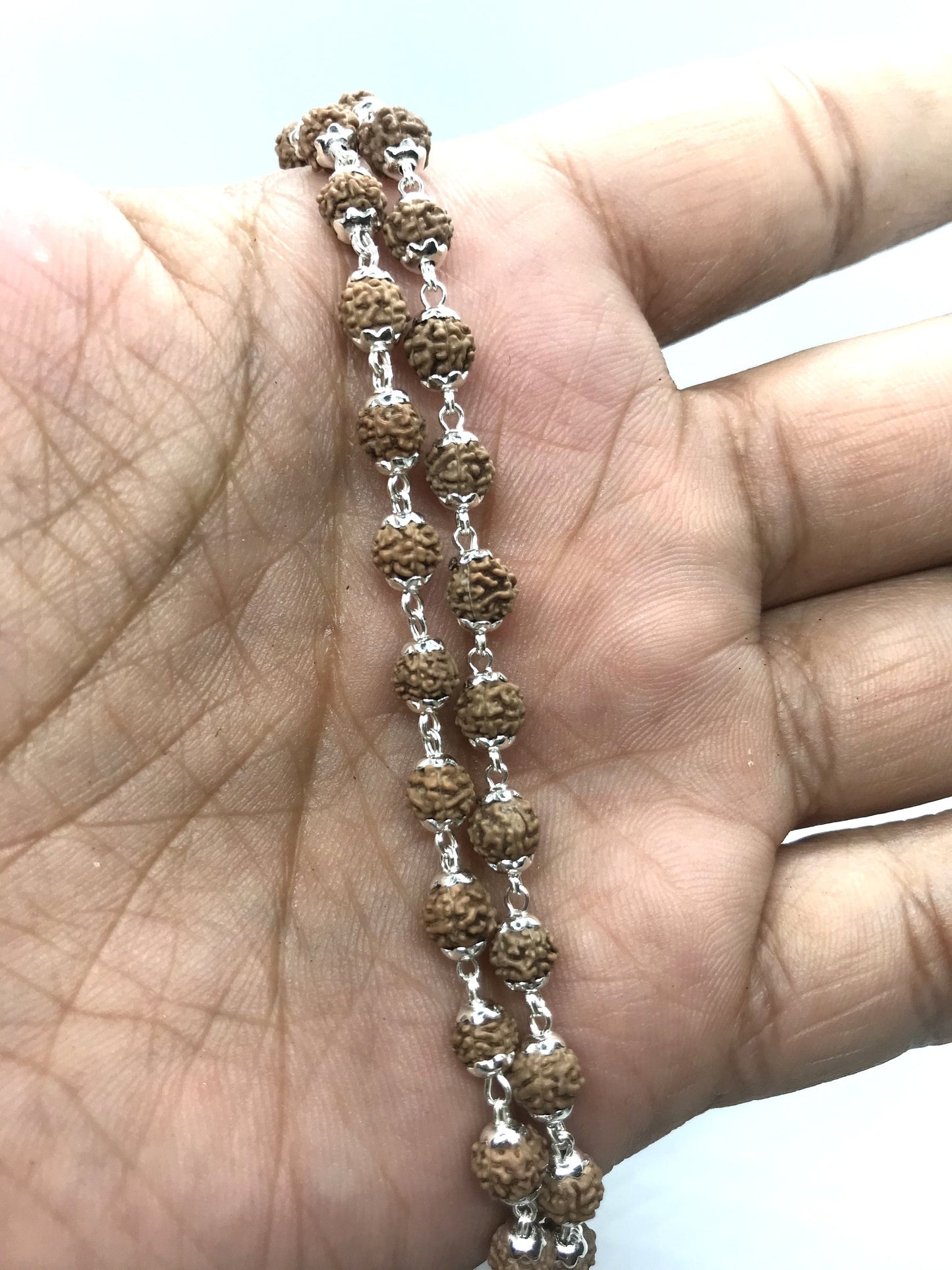 5 Mukhi Rudraksha, Indonesian Beads 925 silver cap Mala, 108 beads Rudraksh Mala Necklace, 4mm tiny rudraksha Genuine Beads wire wrapped