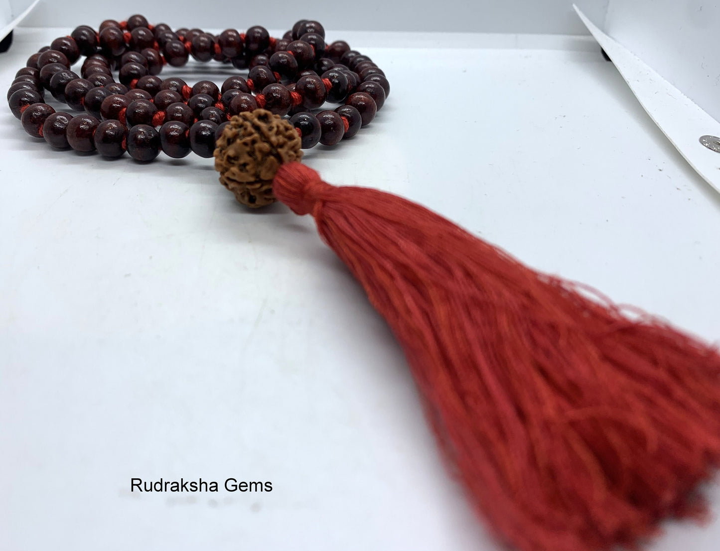 Classic 108 Knotted Meditation Mala with Rudraksha Guru bead | 8mm Indian Rosewood with Red / Cotton String Tassel | Elegant Yoga Necklace