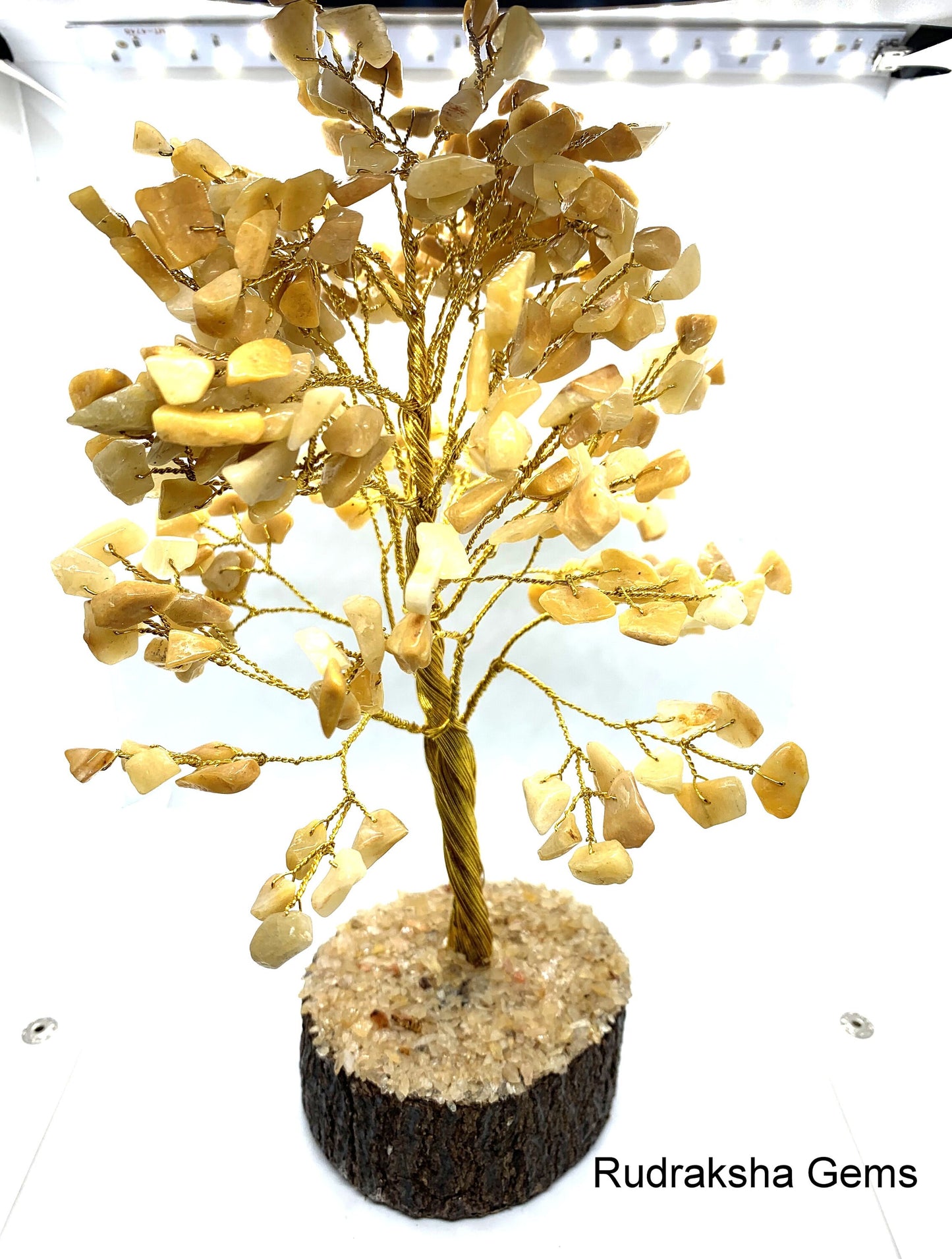 Wire wrapped Handmade Yellow Jade Crystal Gemstones Tree Reiki Energy Healing Rare, Yellow Jade crystal chips wire wrapped on wooden base