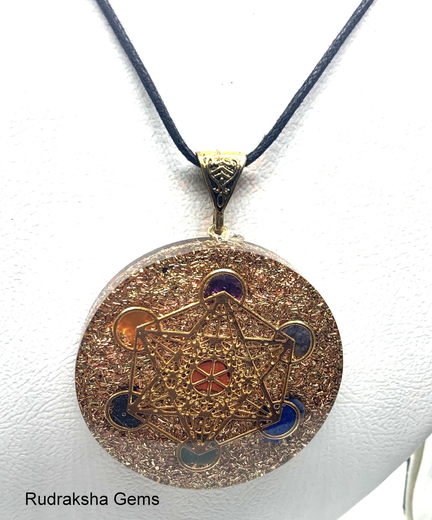 Golden Metatron's Cube Sacred Geometry Orgone energy pendant necklace & Authentic Seven Chakra stones, 2 inch Pendant, EMF Protection