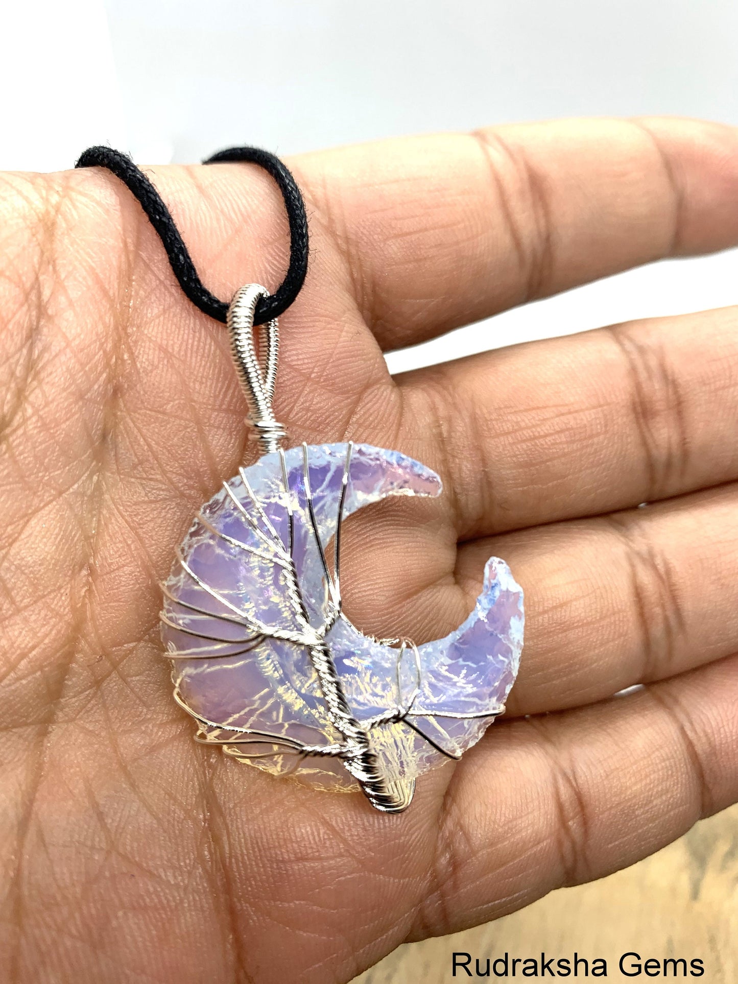 Opalite Moon Pendant, Opalite Crystal, Opalite Necklace, Wire Wrapped Silver tree Pendant, Boho Jewelry Reiki Energy Charged Crystal pendant