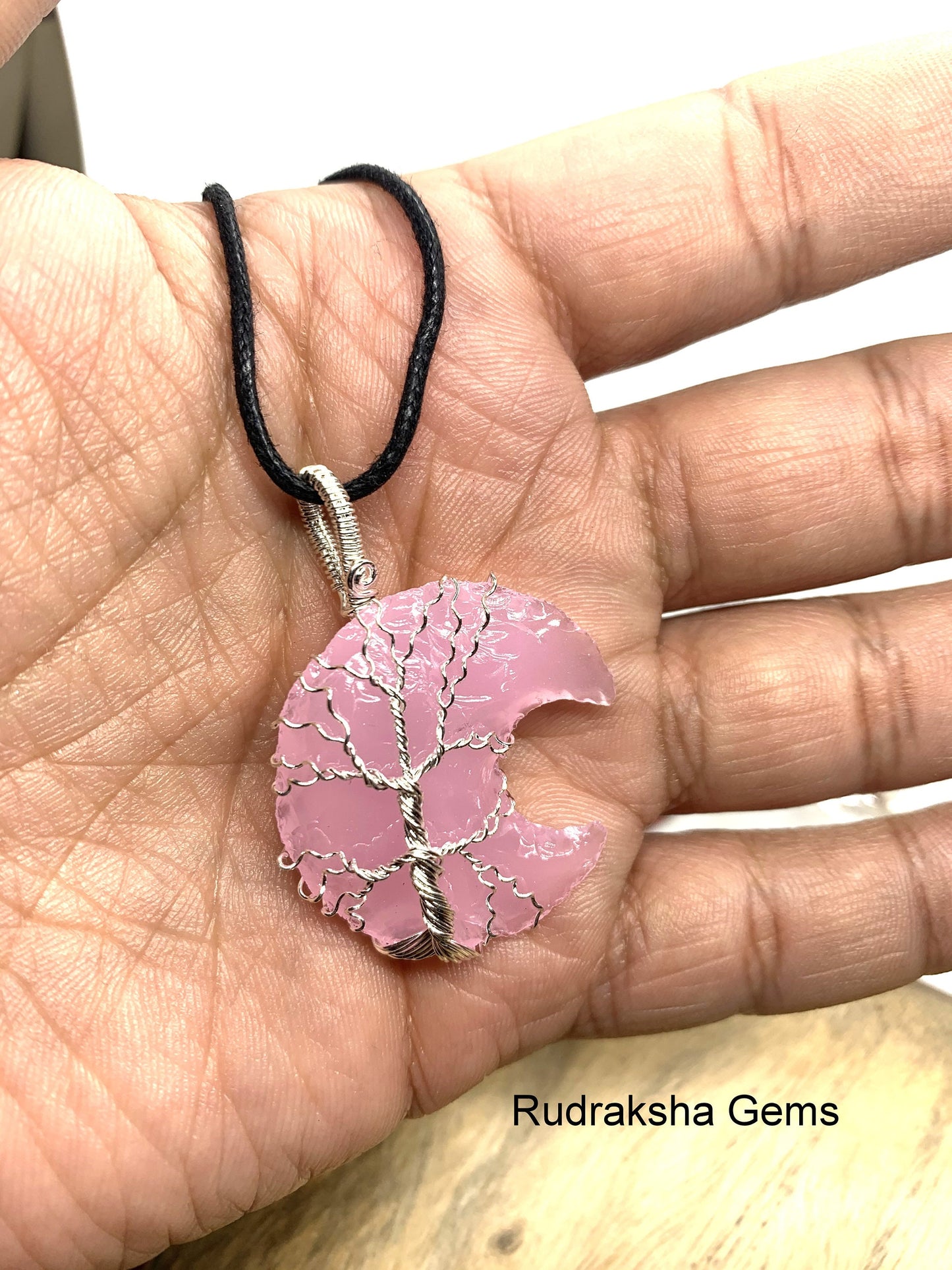 Pink Quartz Moon Pendant, Crystal, Pink Quartz Necklace, Wire Wrapped Silver tree Pendant, Jewellery Reiki Energy Charged Crystal pendant