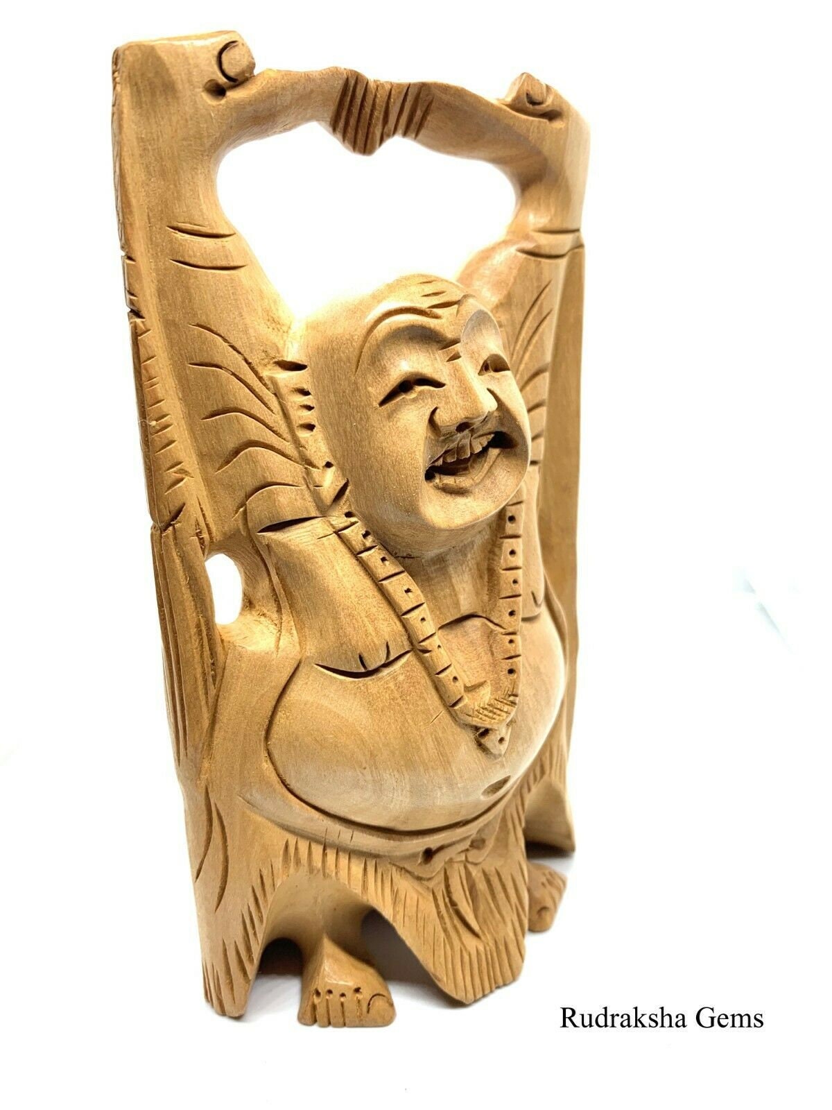 Beautiful hand carved Laughing Buddha Statue, 5 inch Wooden Buddha Statuette Buddhism Home Desk Decor, Zen Feng Shui Buddah Figurine Idol