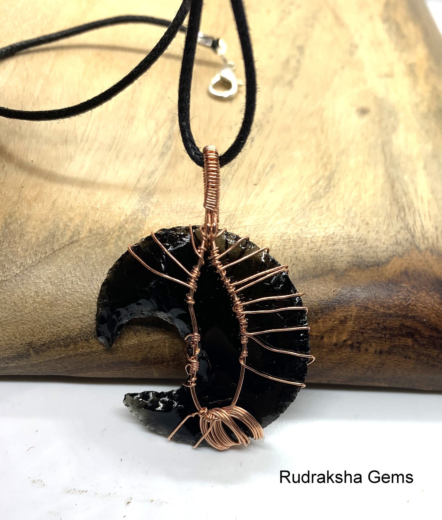 Black Obsidian Pendant, Obsidian Crystal, Protection Necklace, Wire Wrapped Copper Tree of life Pendant, Boho Jewelry, Reiki Energy Charged