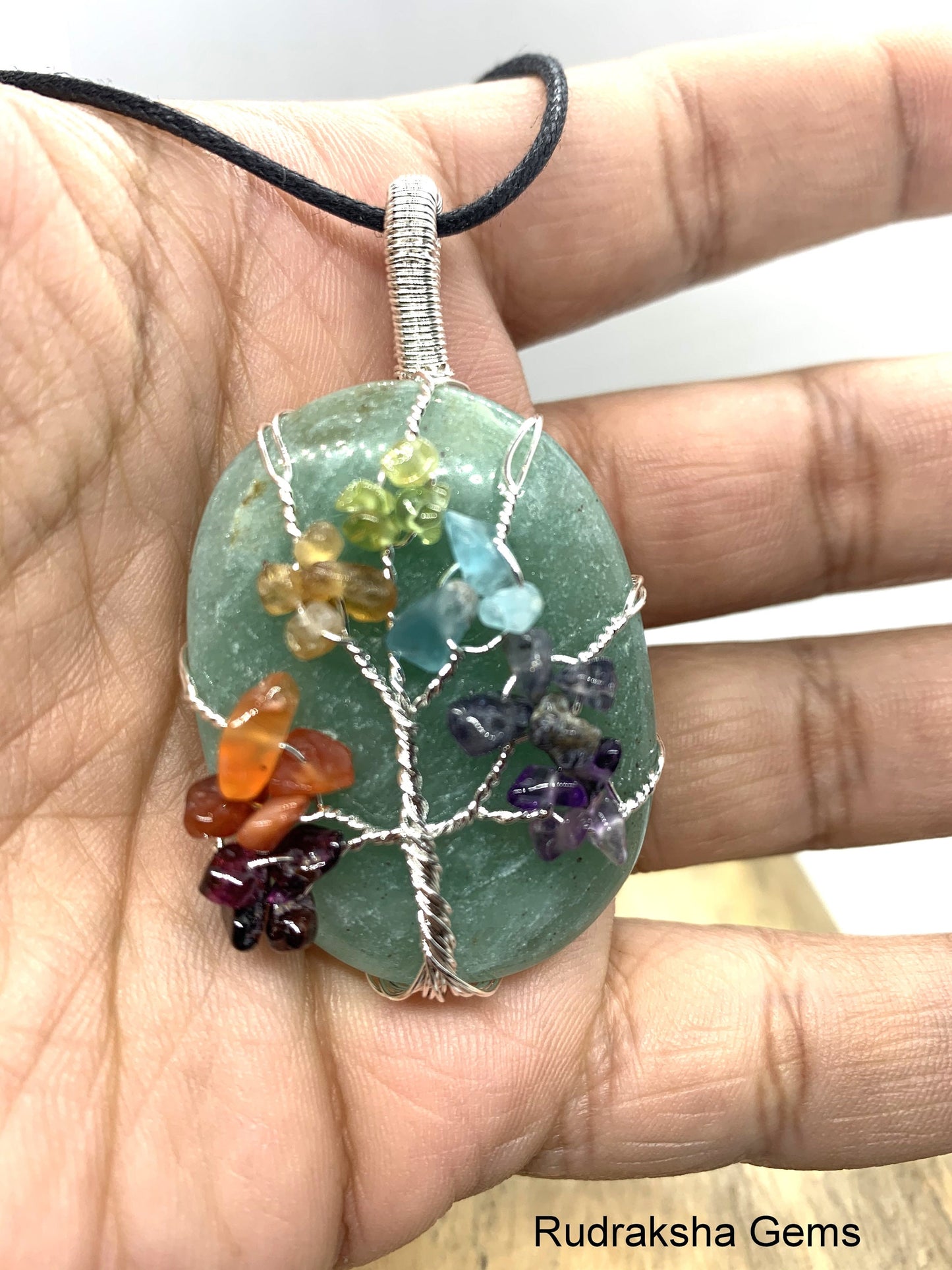 Green Aventurine Crystal Healing Pendant, 7 Chakra Pendant, Wire wrapped Natural gemstone Tree of life Green Aventurine Cabochon necklace
