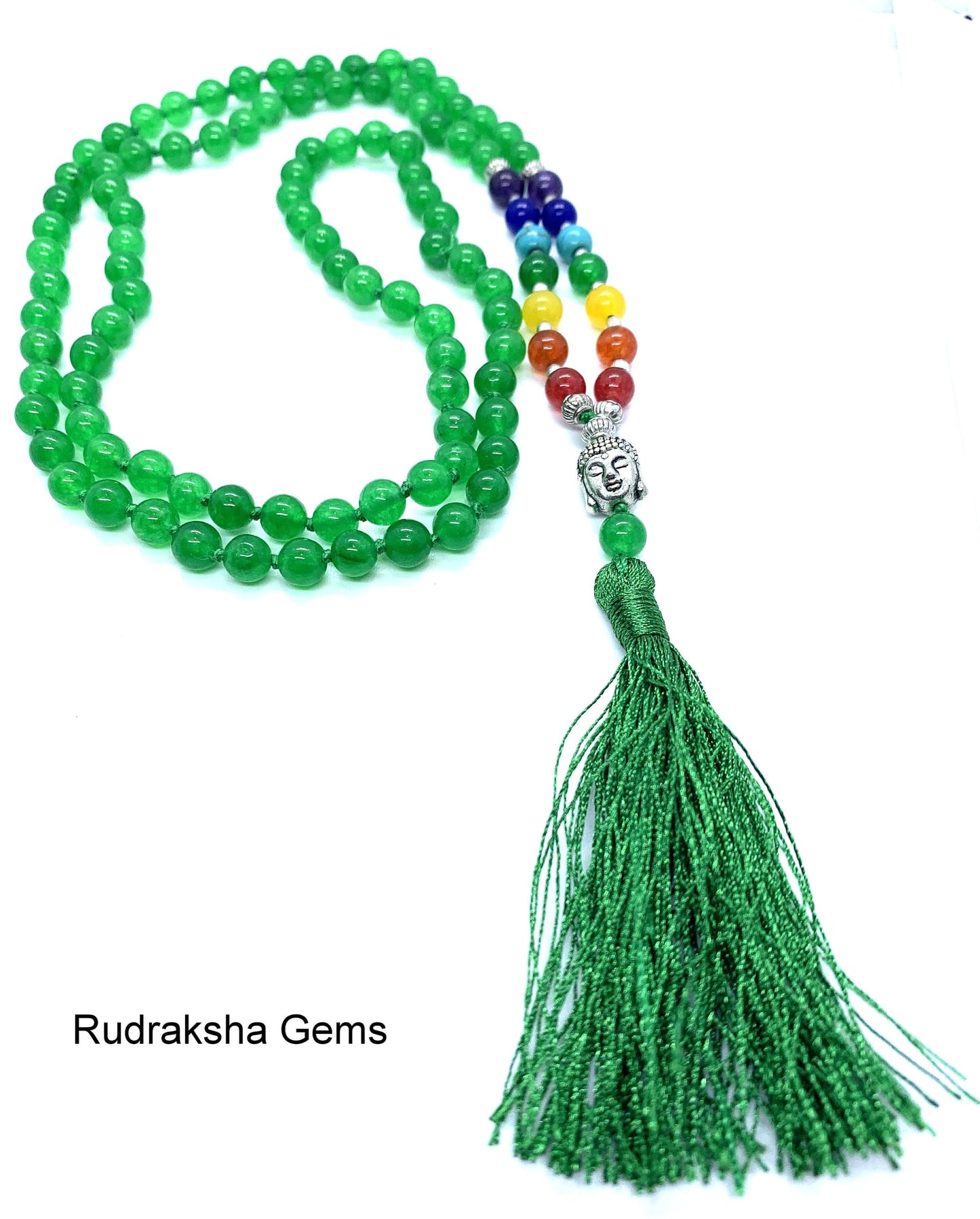 Green Jade 7 CHAKRA Premium Tassel Mala Gem Stones ,Japa Mala 108 + 1 beads Meditation Rosary Prayer Yoga Bead Reiki Necklace, Green Jade