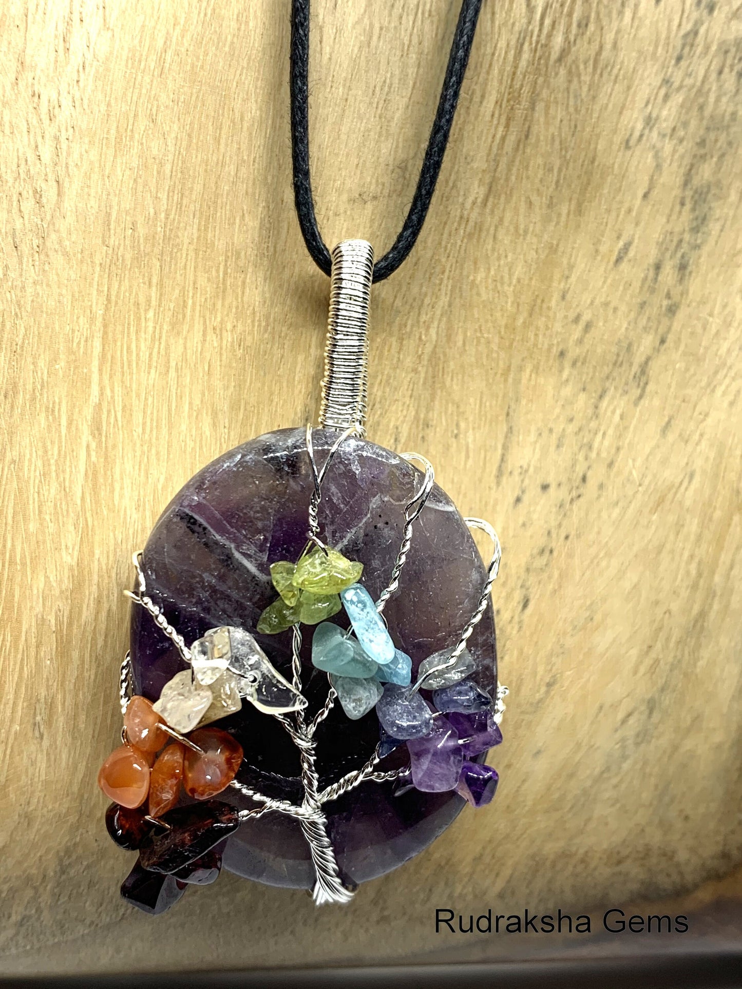 Amethyst Healing Chakra Pendant, Healing Chakra Pendant, healing Chakra Necklace, Natural gemstone Tree of life Amethyst Cabochon necklace