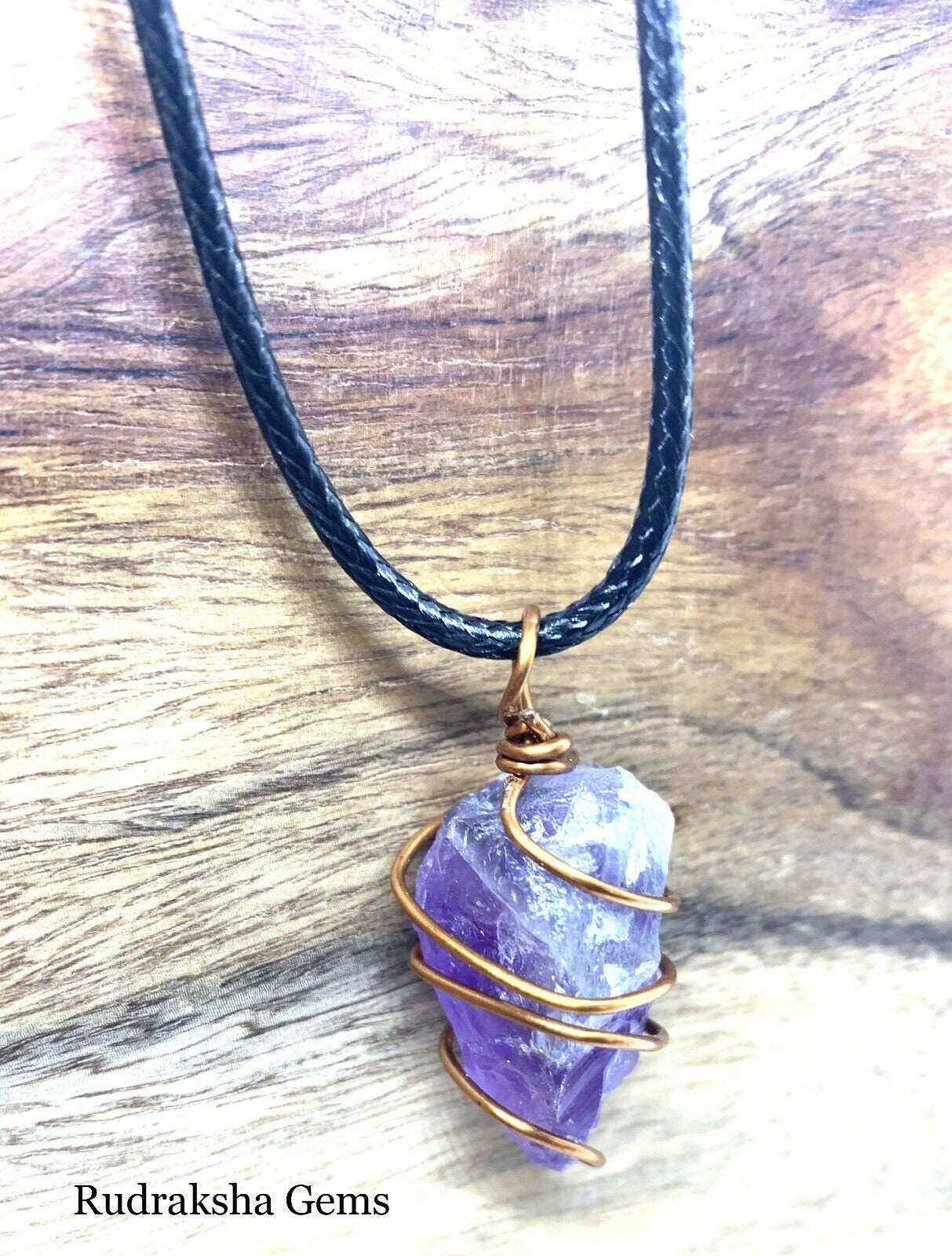 Amethyst Copper Pendant, Reiki Charged Cord Necklace, Amethyst raw rough necklace, Wire Wrapped Jewellery Gift, Amethyst necklace X'mas Gift
