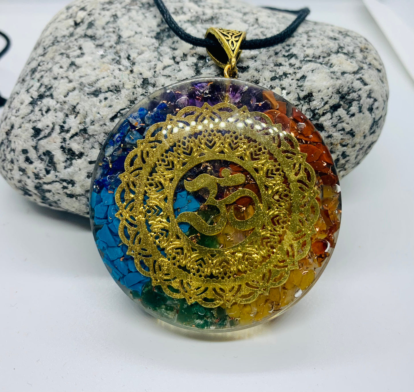 7 Chakra Orgone Pendant Energized, Orgonite pendant necklace with Brass Om coil, EmF Shield Reiki gift, Healing crystal orgone necklace gift