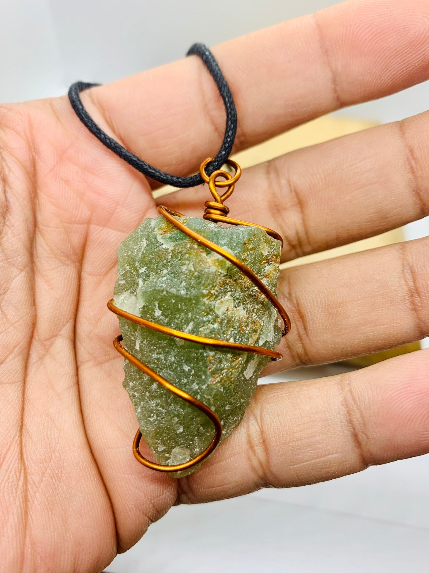 Green jade Copper Pendant, jadeite Reiki Charged Cord Necklace, Green jade raw necklace, Wire Wrapped Jewellery Gift for him her, love stone