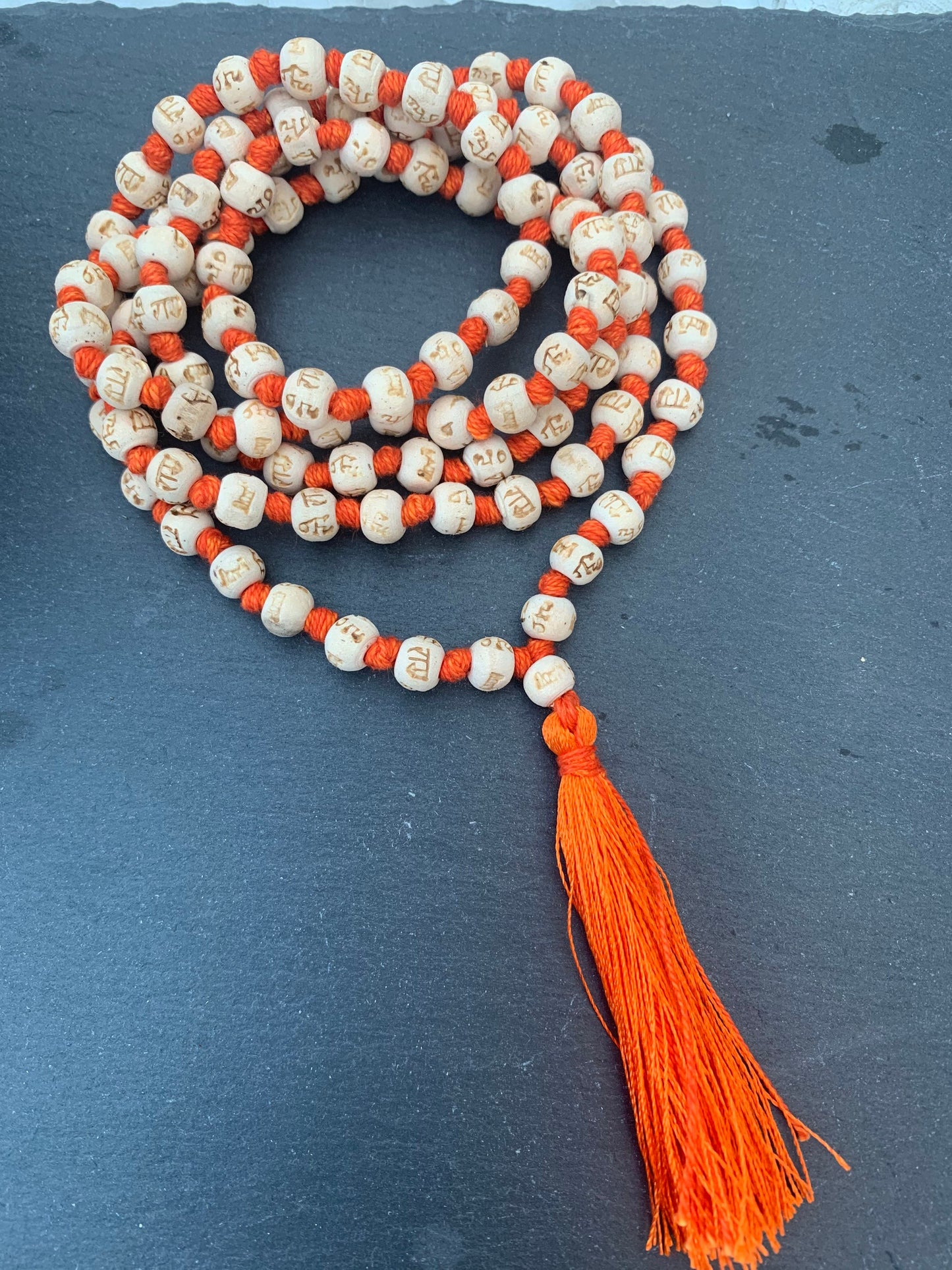 108 Tulsi Holy Basil Hand Knotted Mala engraved Hare Rama Hare Krishna beads Necklace , Yoga Meditation, 8 mm Prayer Beads rosary Om prayer