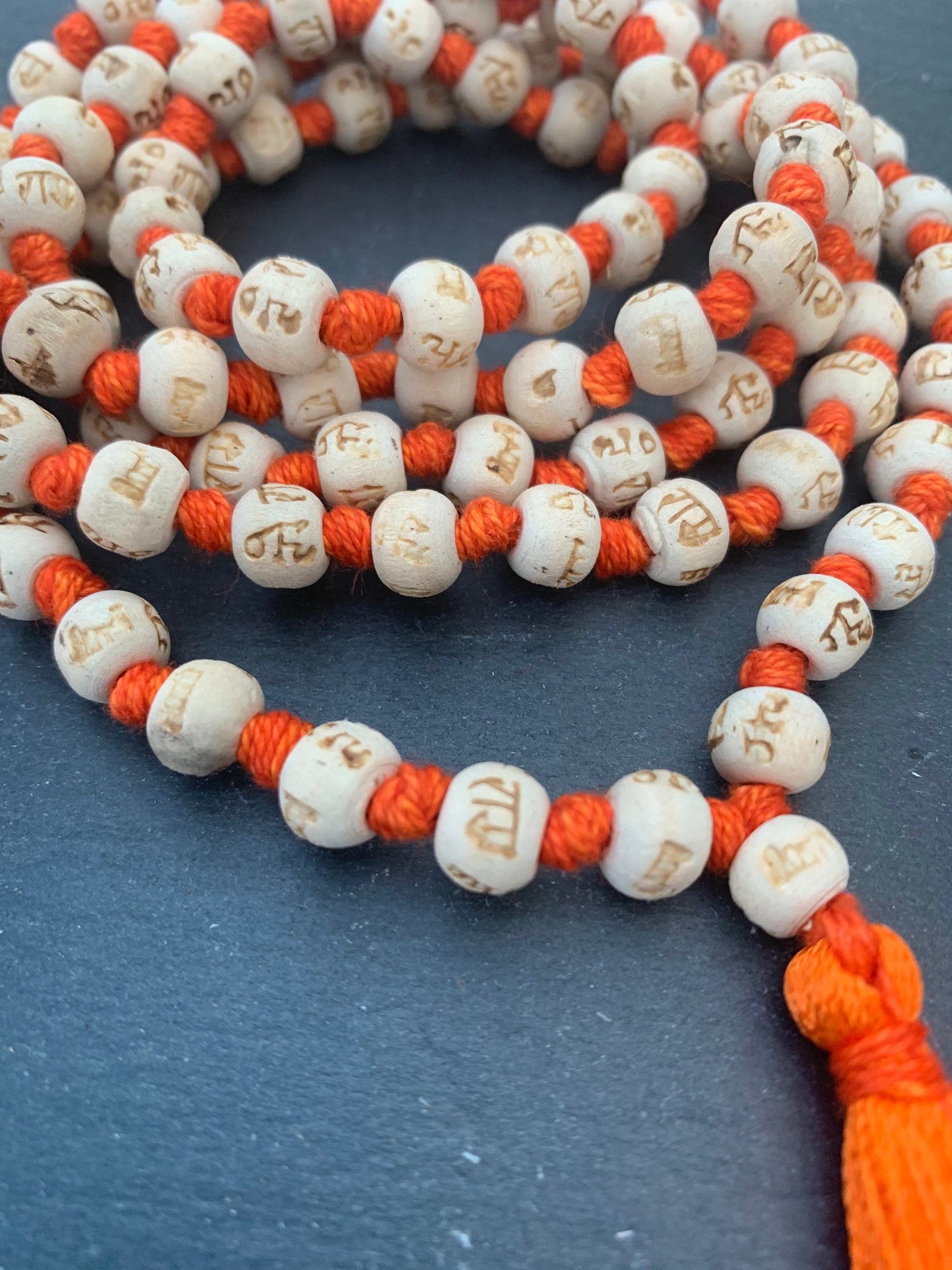 108 Tulsi Holy Basil Hand Knotted Mala engraved Hare Rama Hare Krishna beads Necklace , Yoga Meditation, 8 mm Prayer Beads rosary Om prayer