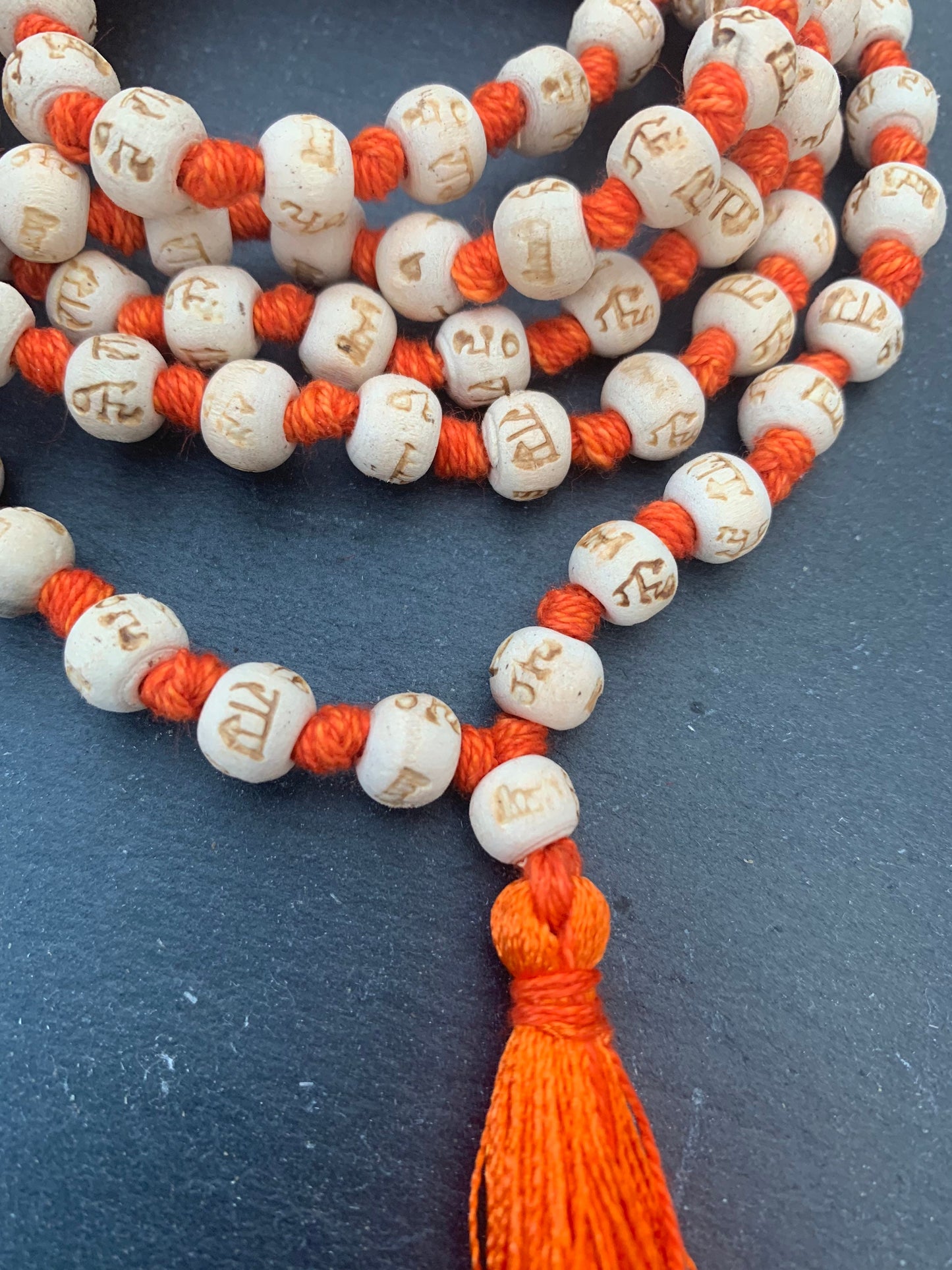 108 Tulsi Holy Basil Hand Knotted Mala engraved Hare Rama Hare Krishna beads Necklace , Yoga Meditation, 8 mm Prayer Beads rosary Om prayer
