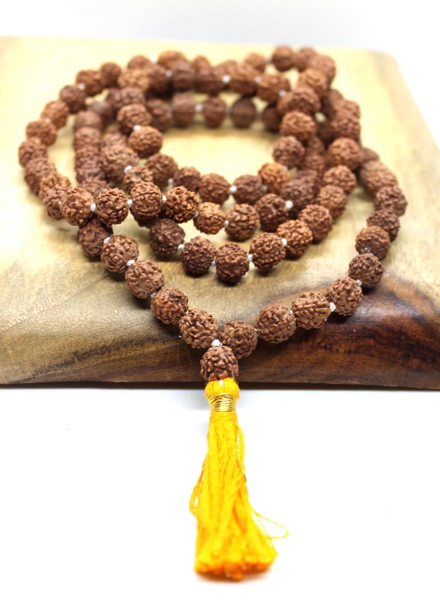 Lab Certified Rudraksha mala 8 mm knotted 108 +1 prayer beads, Long Orange Tassel necklace, mala india, yoga meditation buddhist prayer mala