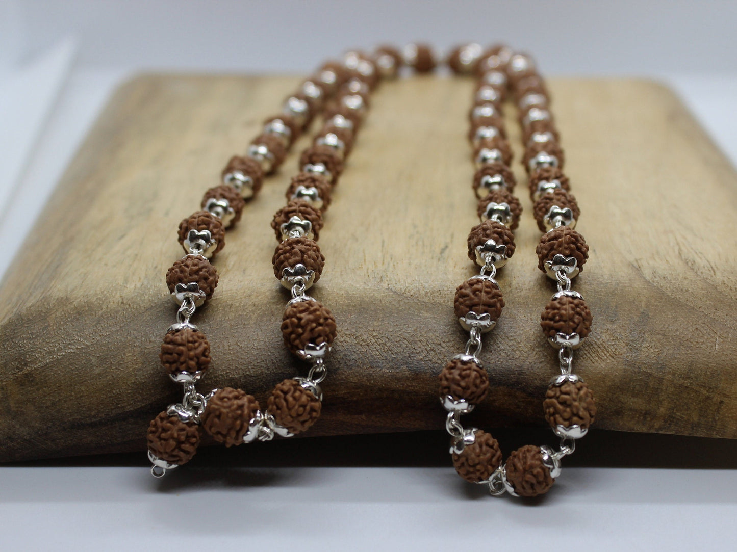 5 Mukhi Rudraksha, Indonesian Beads 925 silver cap Mala, 54 beads Rudraksh Mala Necklace, 8 mm rudraksha Genuine Beads wire wrapped necklace