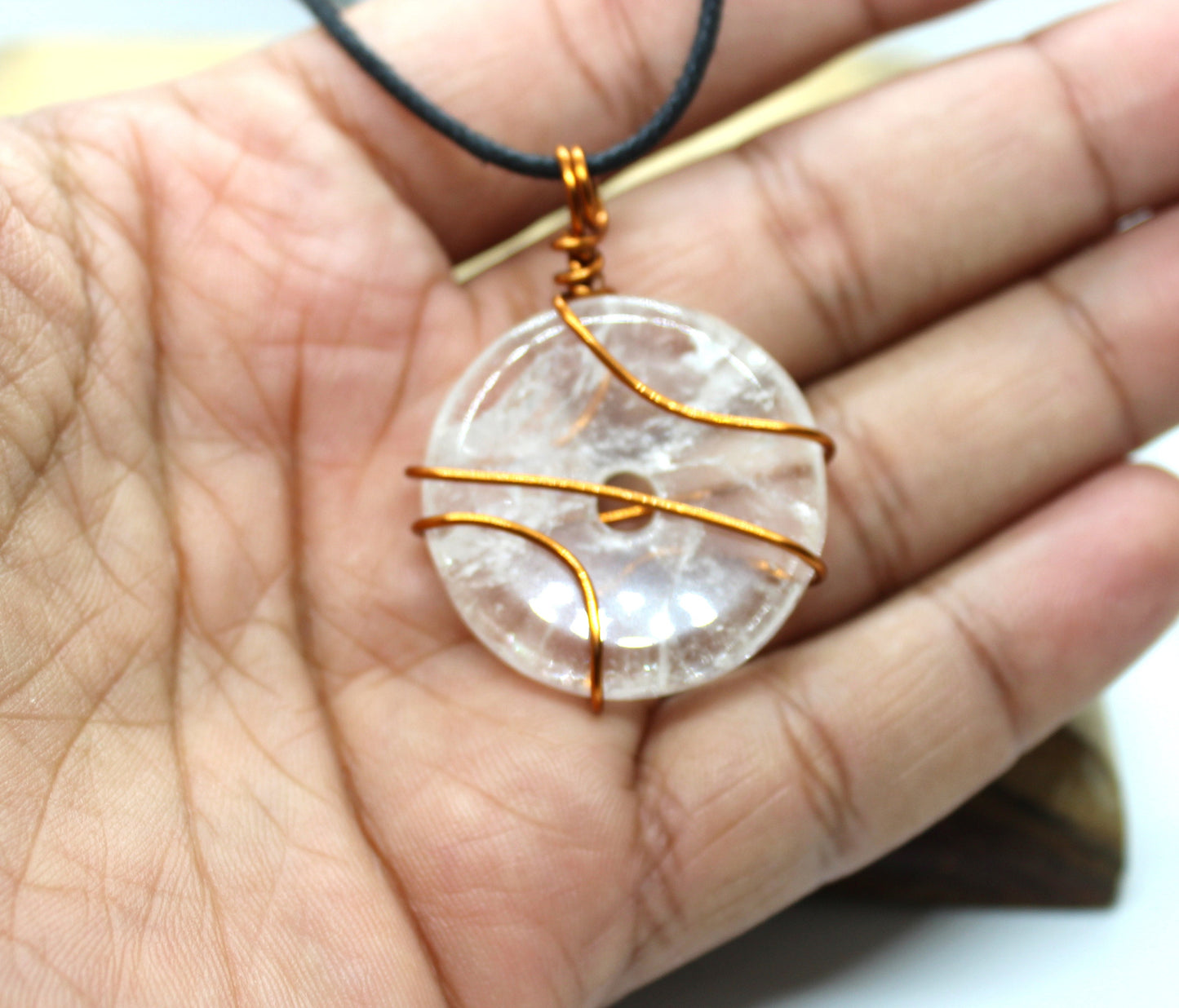 Clear Quartz Donut Pendant, Clear Quartz Doughnut, Clear Quartz Necklace, Crystal Pendant, Boho Jewelry, Reiki Energy Charged Crystal, GIFT