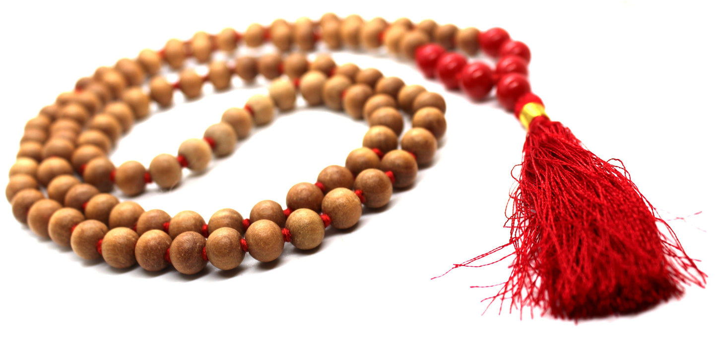 Sandalwood - RED CORAL Mala Necklace 8 mm, Knotted Sandalwood Mala, 108 Japa Mala Beads, Sandalwood Necklace, Buddhist Red Coral Beads