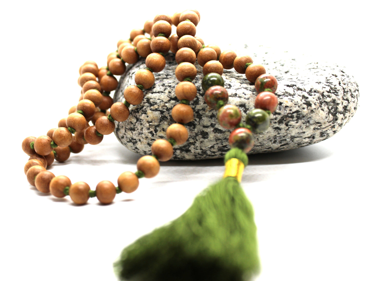 Sandalwood UNAKITE Mala Necklace 8 mm, Knotted Sandalwood Mala, 108 Japa Mala Beads, Sandalwood Necklace, Buddhist Unakite Pink Green Beads