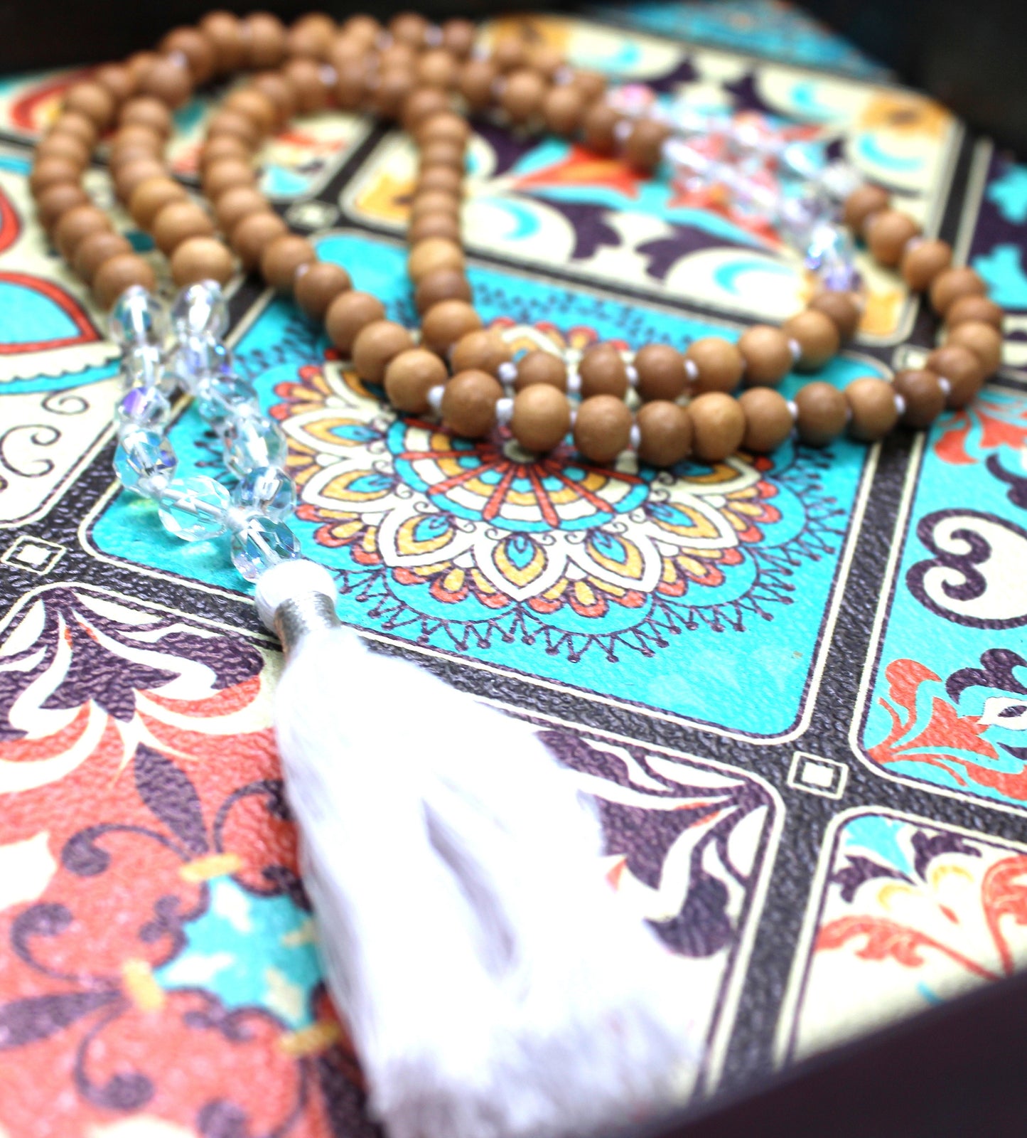 Sandalwood mala 6mm, 108 beads rosary, sandalwood japa with diamond cut fire glass beads necklace, hindu meditation buddhist prayer beads