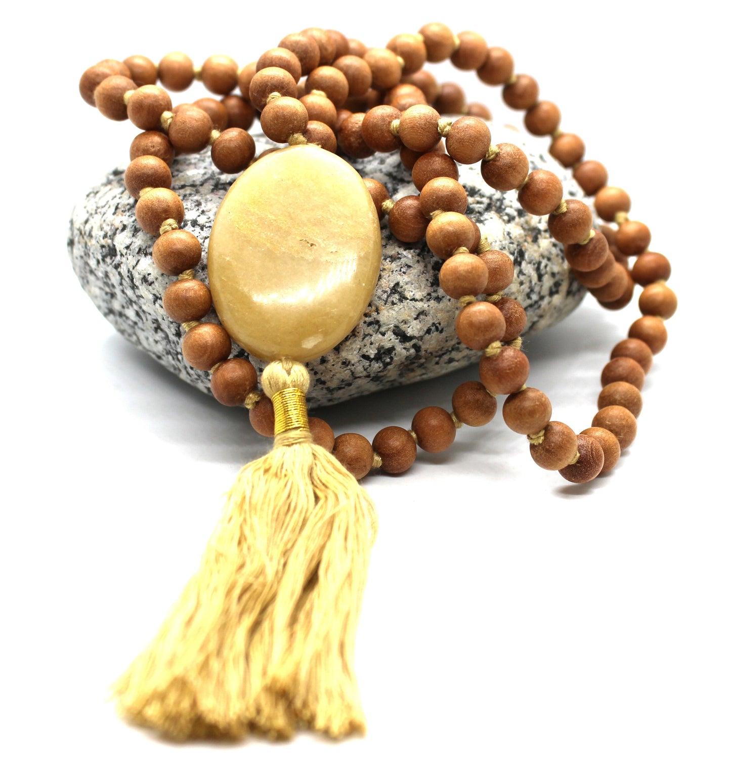 Sandalwood - YELLOW AVENTUINE Mala Necklace 8 mm, Knotted Sandalwood Mala, 108 Japa Mala Beads, Sandalwood Necklace, Buddhist Prayer Beads