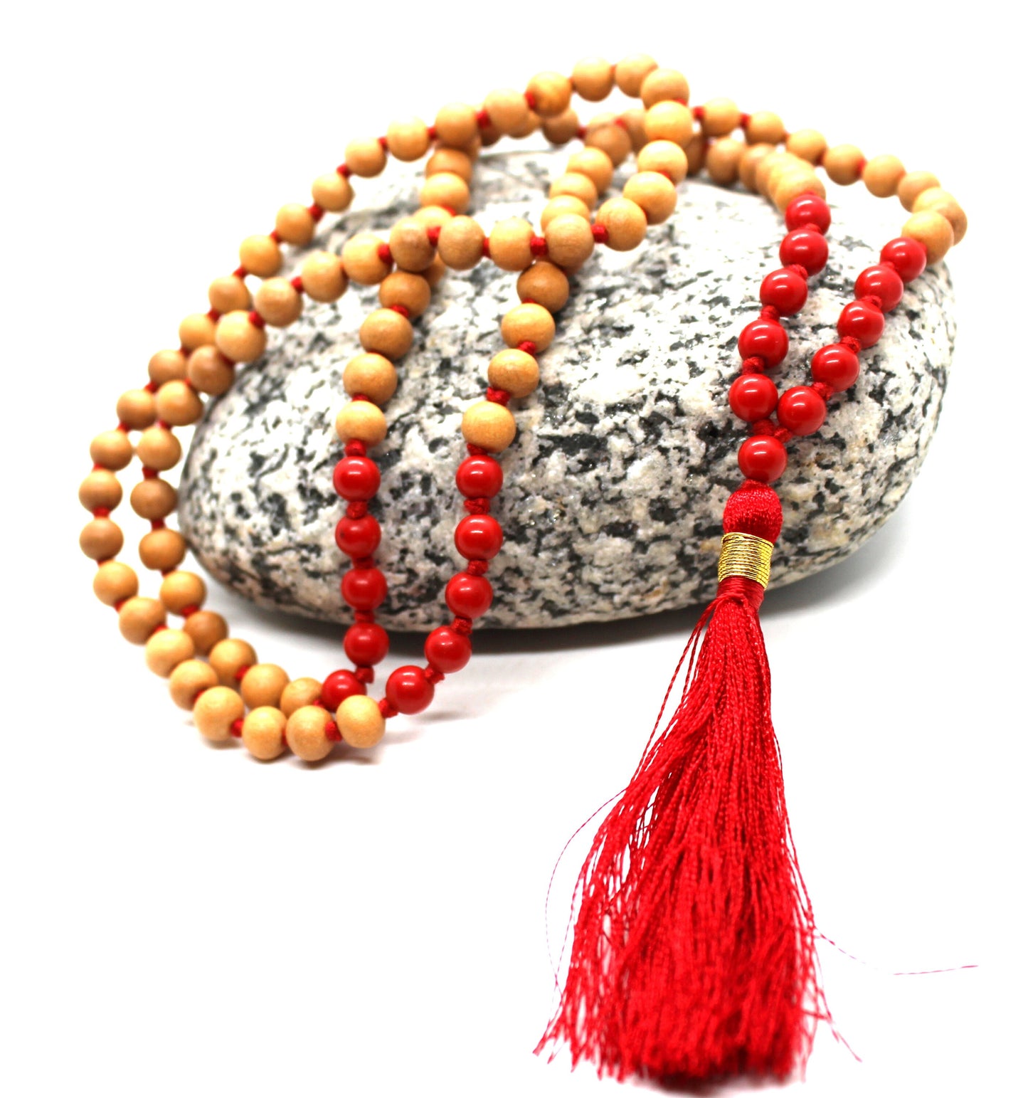 Sandalwood mala 6mm, 108 beads rosary, sandalwood japa with Red Coral mala necklace, hindu meditation buddhist tibetan prayer beads Premium