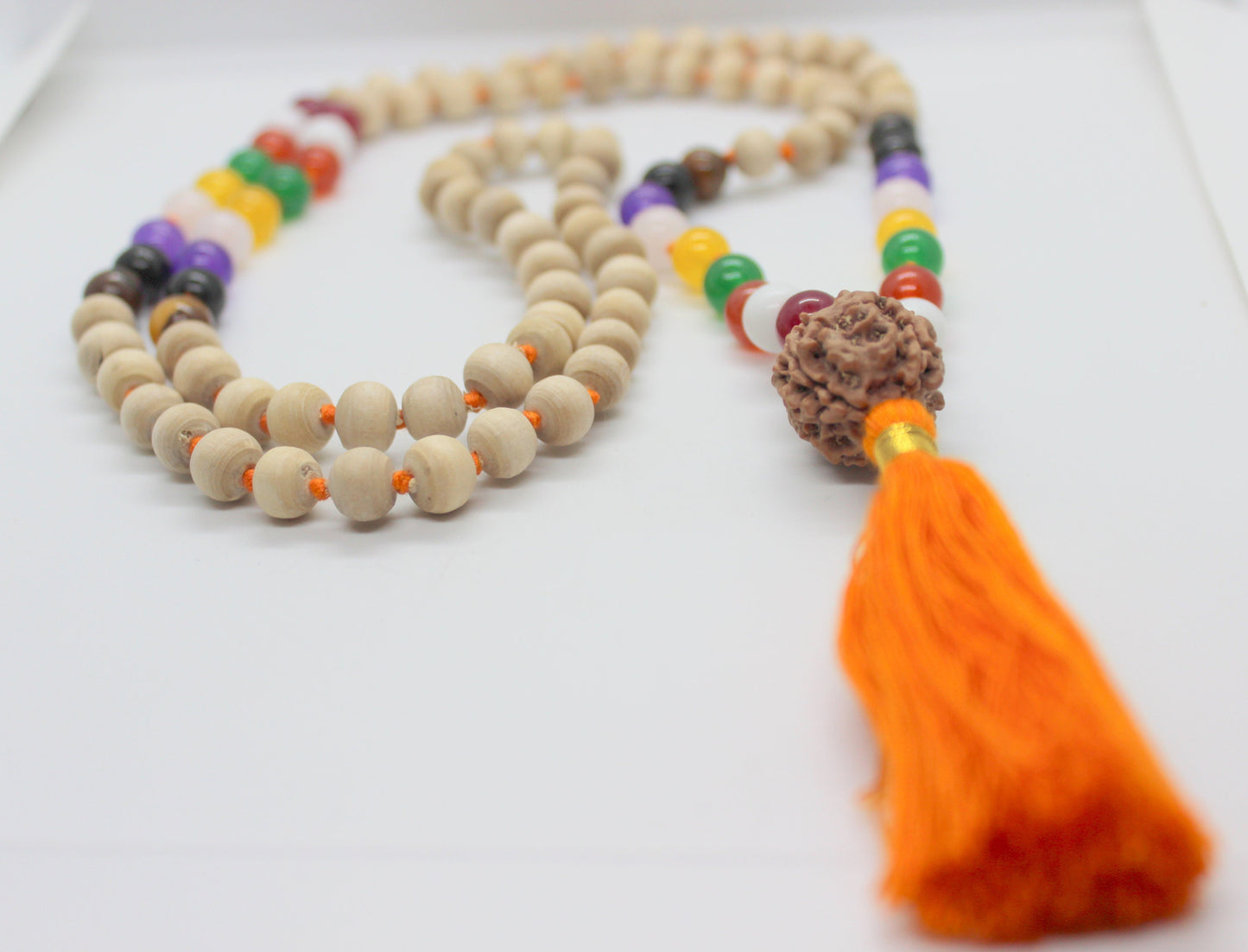 Premium Tulsi Mala with PLANETARY Crystals Hindu Chant Yoga Meditation Hare Rama ISKCON Set with Rudraksha Guru bead, 8mm Tulsi Round beads
