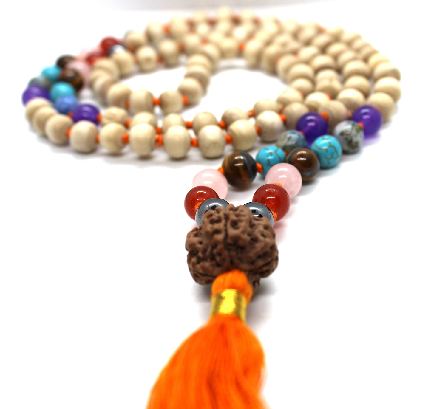 Premium Tulsi Mala with 7 CHAKRA Crystals Hindu Chant Yoga Meditation Hare Rama ISKCON Set with Rudraksha Guru bead, 8mm Tulsi Round beads