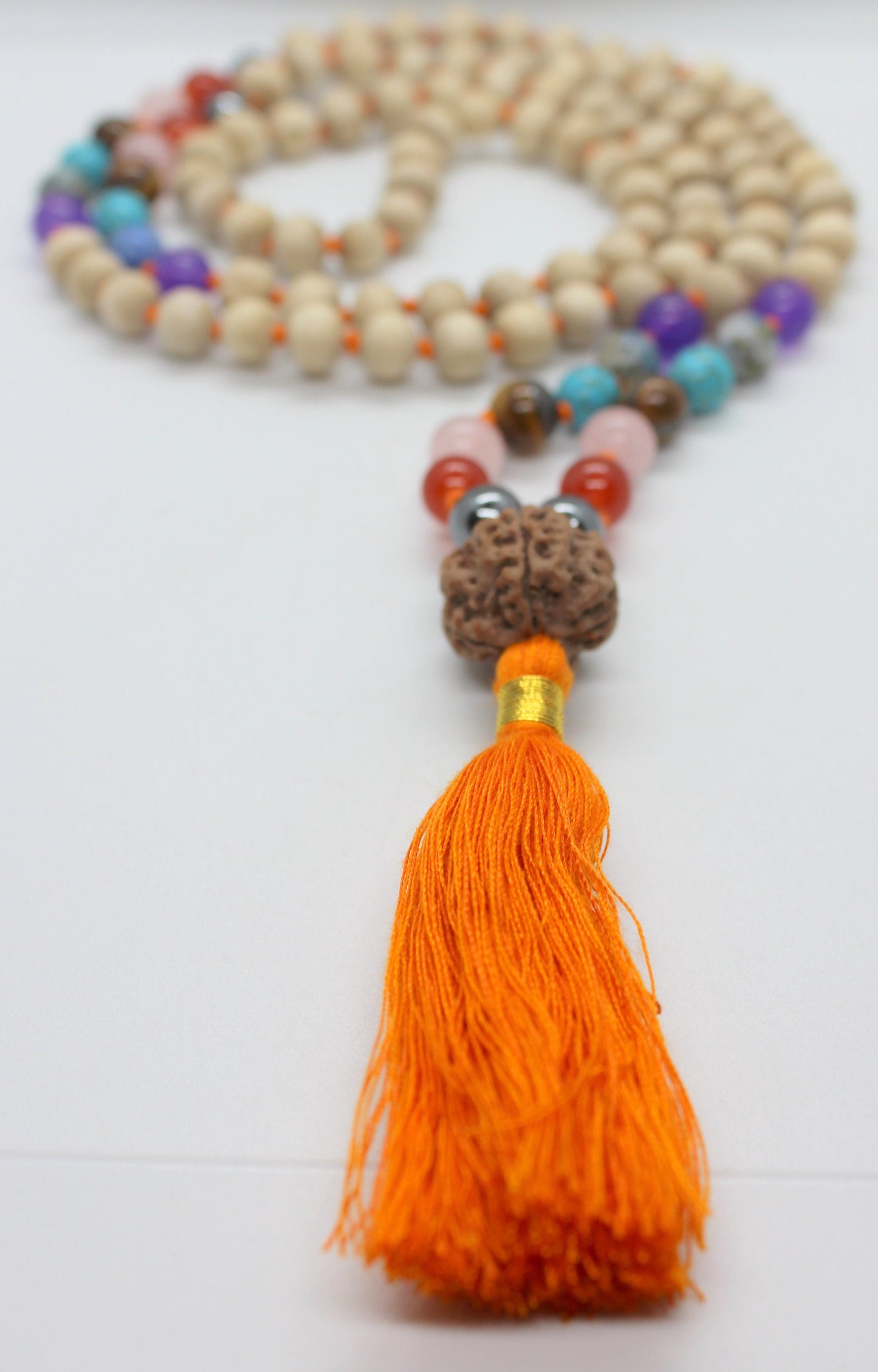 Premium Tulsi Mala with 7 CHAKRA Crystals Hindu Chant Yoga Meditation Hare Rama ISKCON Set with Rudraksha Guru bead, 8mm Tulsi Round beads