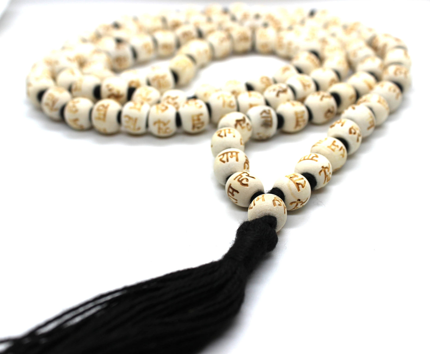 108 Tulsi Holy Basil Hand Knotted Mala engraved Hare Rama Hare Krishna beads Necklace , Yoga Meditation, Prayer Beads mala rosary Om prayer