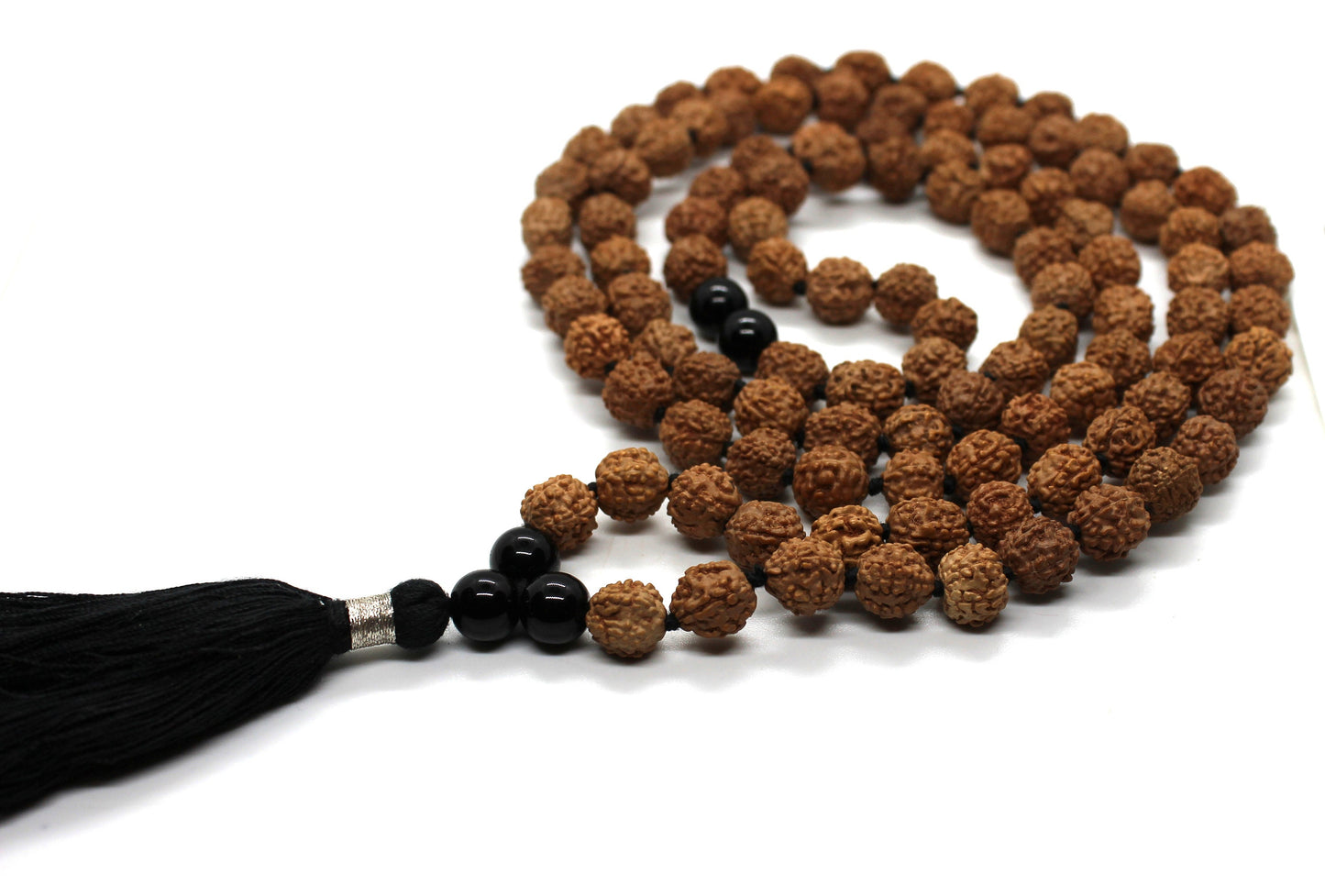108 Rudraksha Mala - Black Onyx Guru bead, 108 Japa Mala Beads Knotted Prayer Beads, Onyx Unisex Necklace, Black Gemstone Meditation Mala