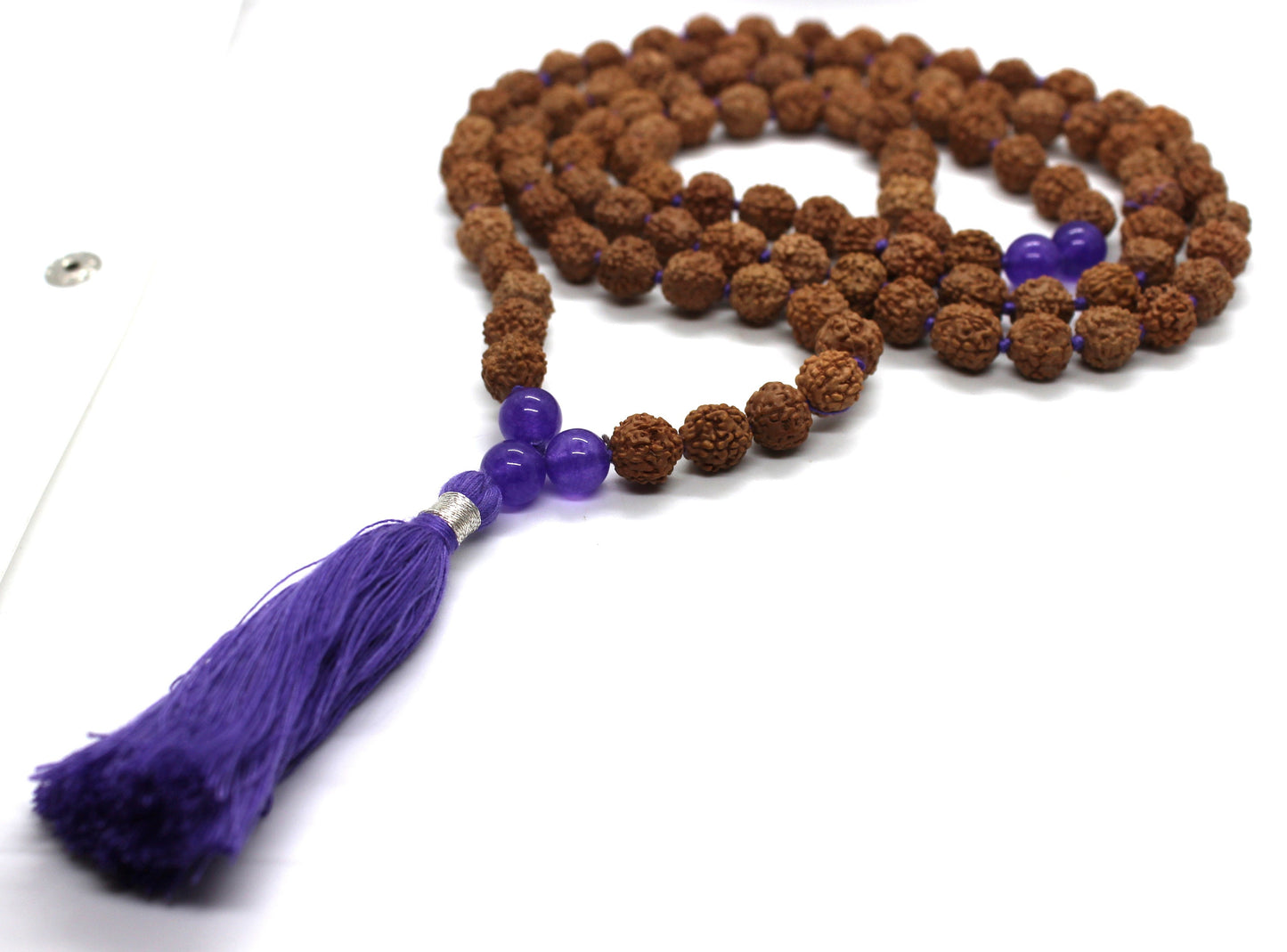 108 Amethyst Mala Rudraksha Mala Necklace / 108 Prayer Beads Mala knotted / Amethyst Crown Chakra Necklace Buddhist mala meditation healing