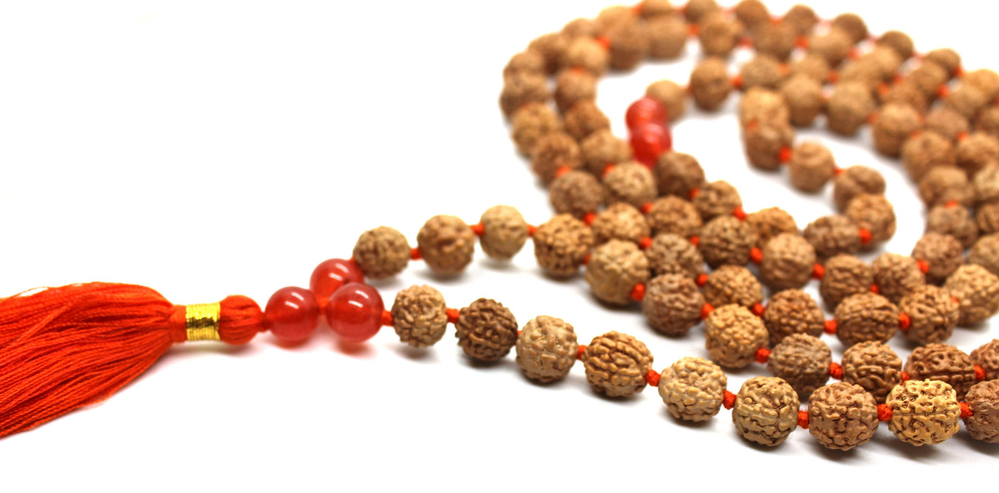 Carnelian and Rudraksha Mala Necklace - Prayer Beads Meditation Mantra 108 Mala Yoga Japa Hindu Knotted Rosary, Sacral Chakra Carnelian Mala