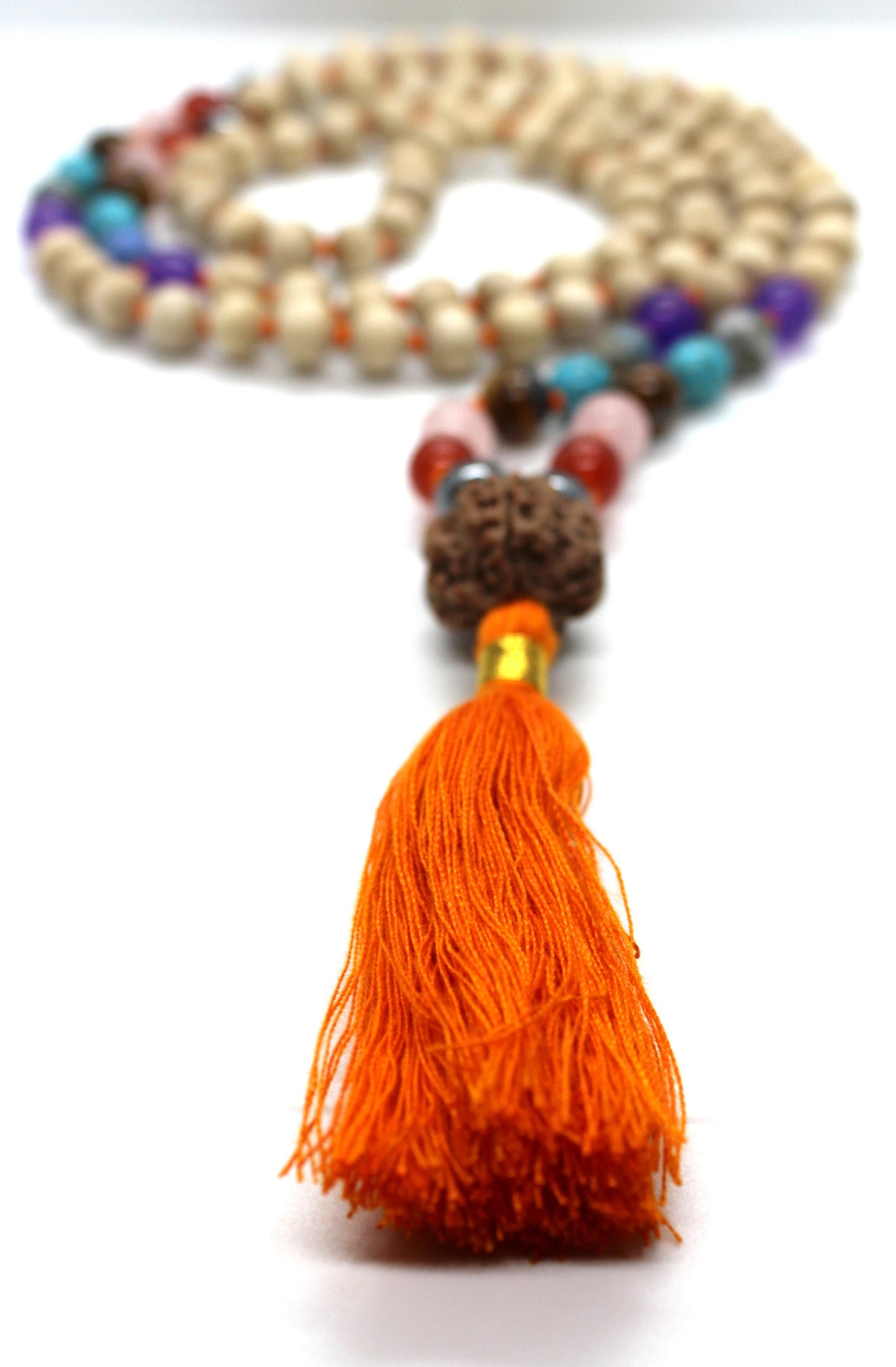 Premium Tulsi Mala with 7 CHAKRA Crystals Hindu Chant Yoga Meditation Hare Rama ISKCON Set with Rudraksha Guru bead, 8mm Tulsi Round beads