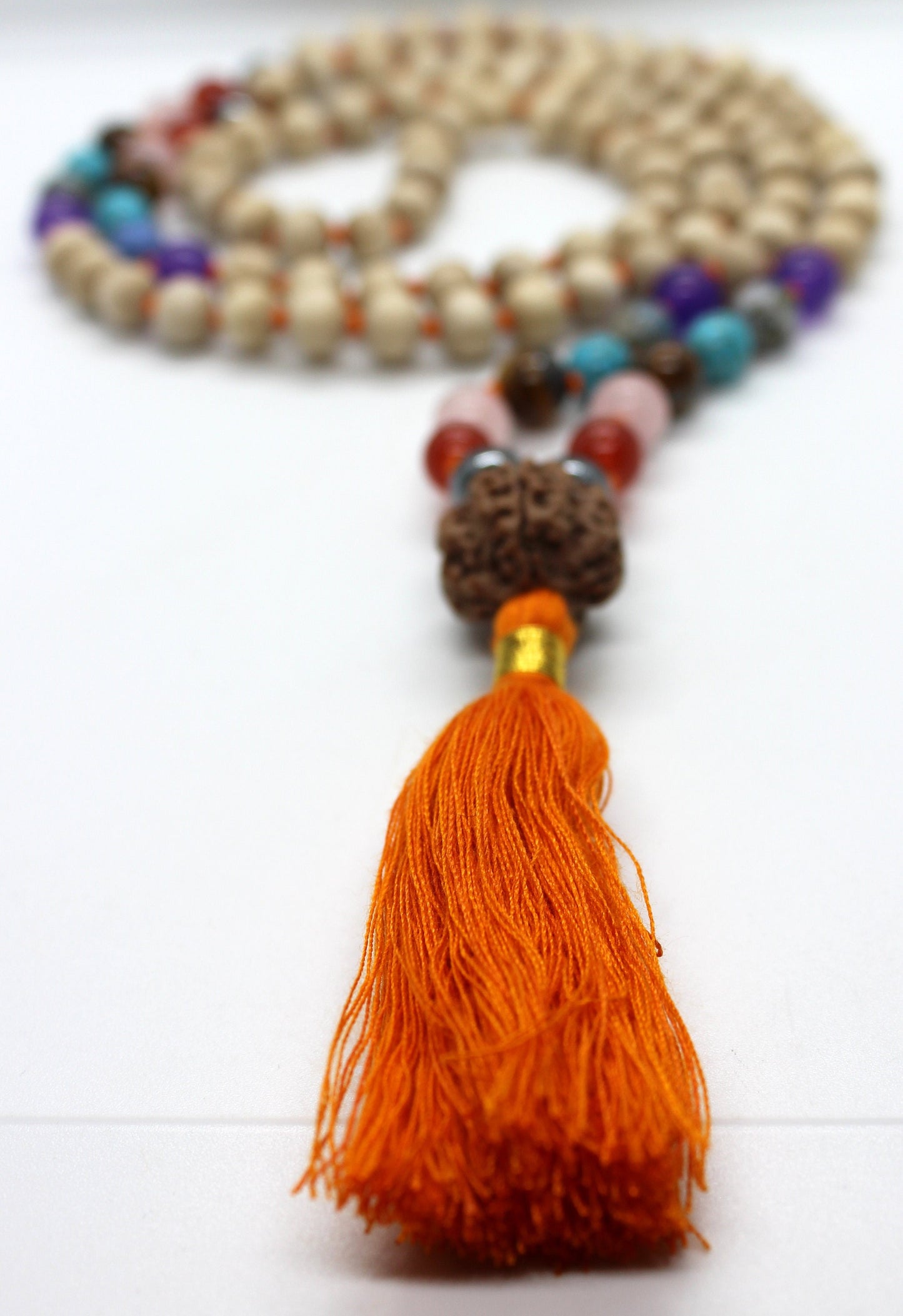 Premium Tulsi Mala with 7 CHAKRA Crystals Hindu Chant Yoga Meditation Hare Rama ISKCON Set with Rudraksha Guru bead, 8mm Tulsi Round beads