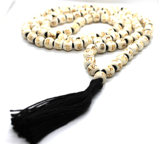108 Tulsi Holy Basil Hand Knotted Mala engraved Hare Rama Hare Krishna beads Necklace , Yoga Meditation, Prayer Beads mala rosary Om prayer