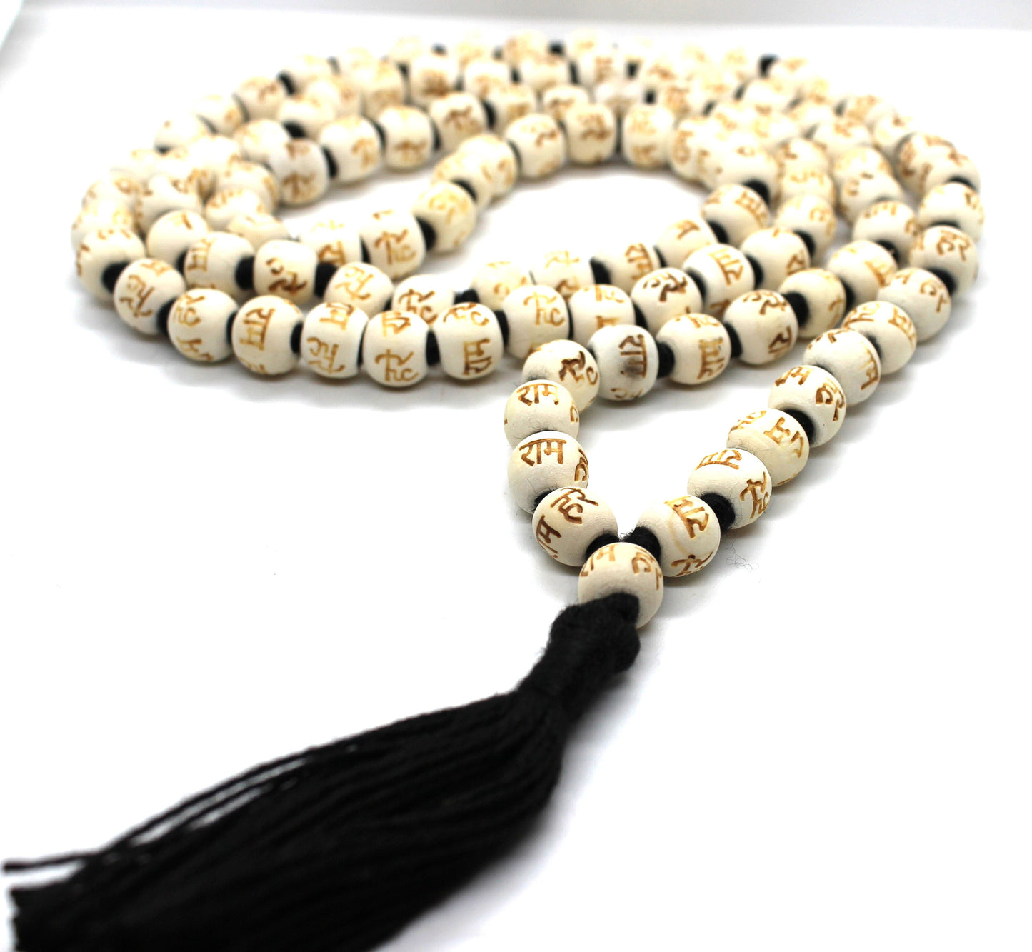 108 Tulsi Holy Basil Hand Knotted Mala engraved Hare Rama Hare Krishna beads Necklace , Yoga Meditation, Prayer Beads mala rosary Om prayer