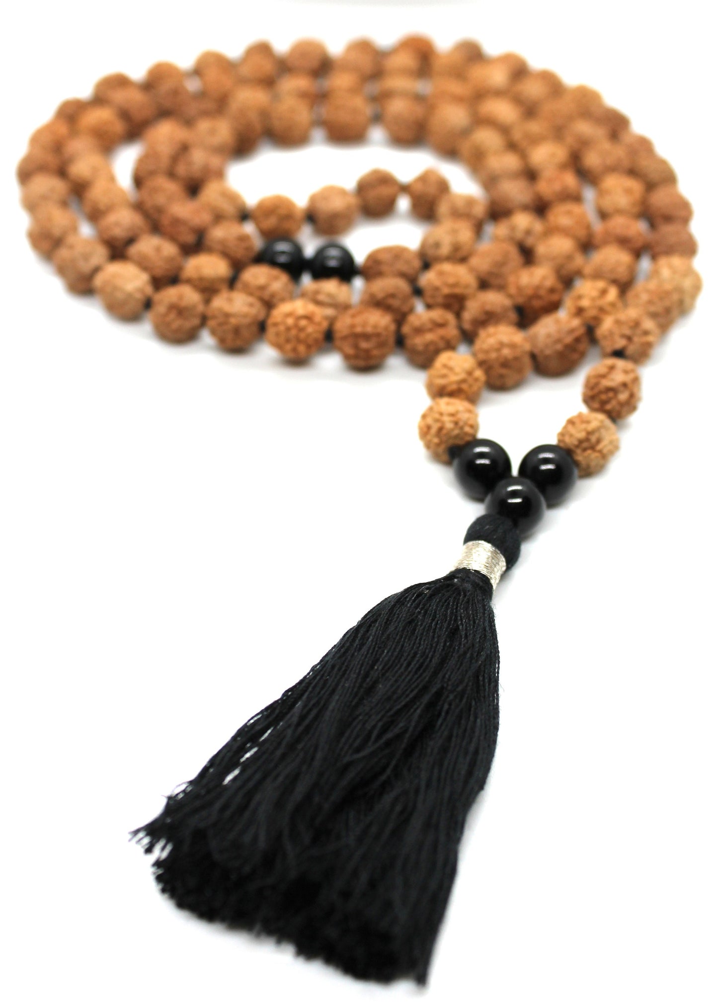 108 Rudraksha Mala - Black Onyx Guru bead, 108 Japa Mala Beads Knotted Prayer Beads, Onyx Unisex Necklace, Black Gemstone Meditation Mala